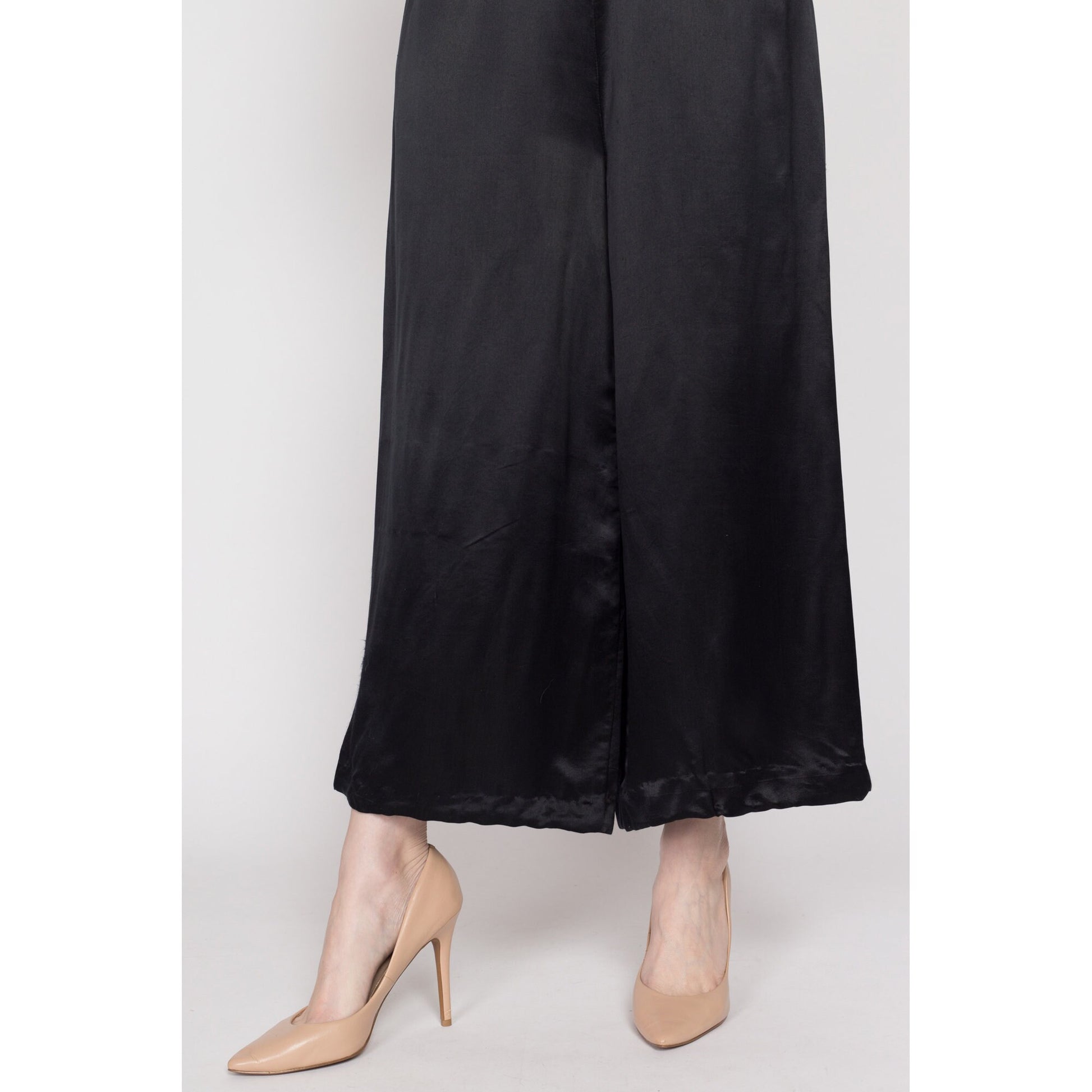 Small 1930s Black Satin Wide Leg Lounge Pants 26" | Vintage 30s Beach Pajamas High Waisted Palazzo Trousers
