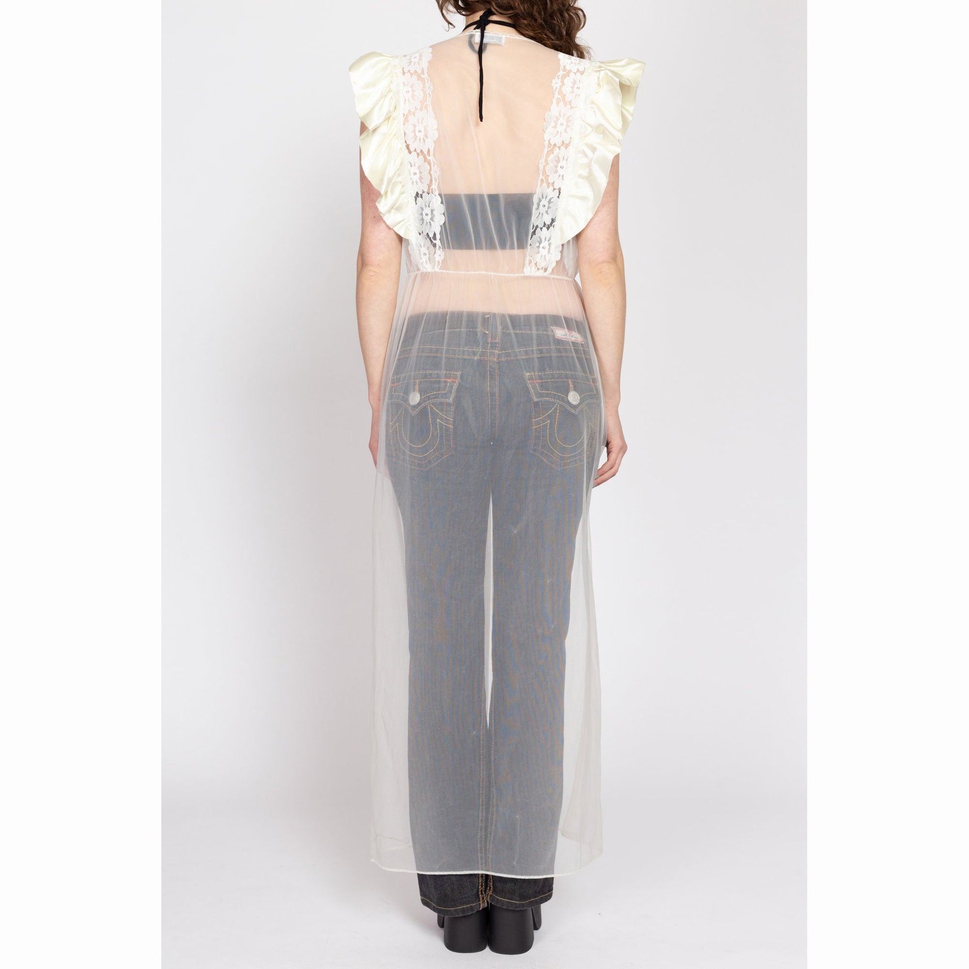 Med-Lrg 80s Sheer White Ruffled Trim Peignoir | Vintage Lace Satin Boho Loungewear Lingerie Robe