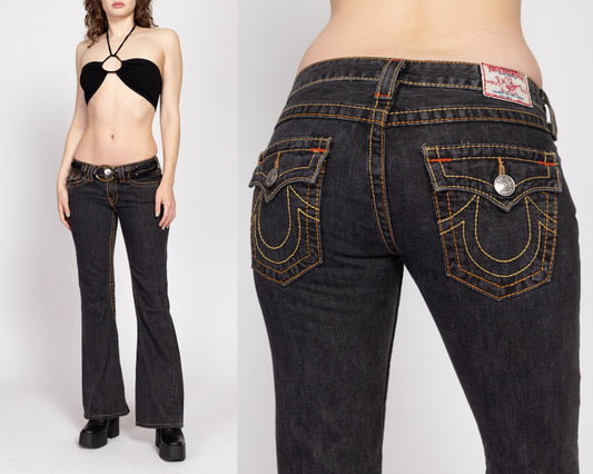 Small Y2K True Religion Joey Super T Low Rise Flared Jeans | Vintage 2000s Slim Dark Wash Denim Flares