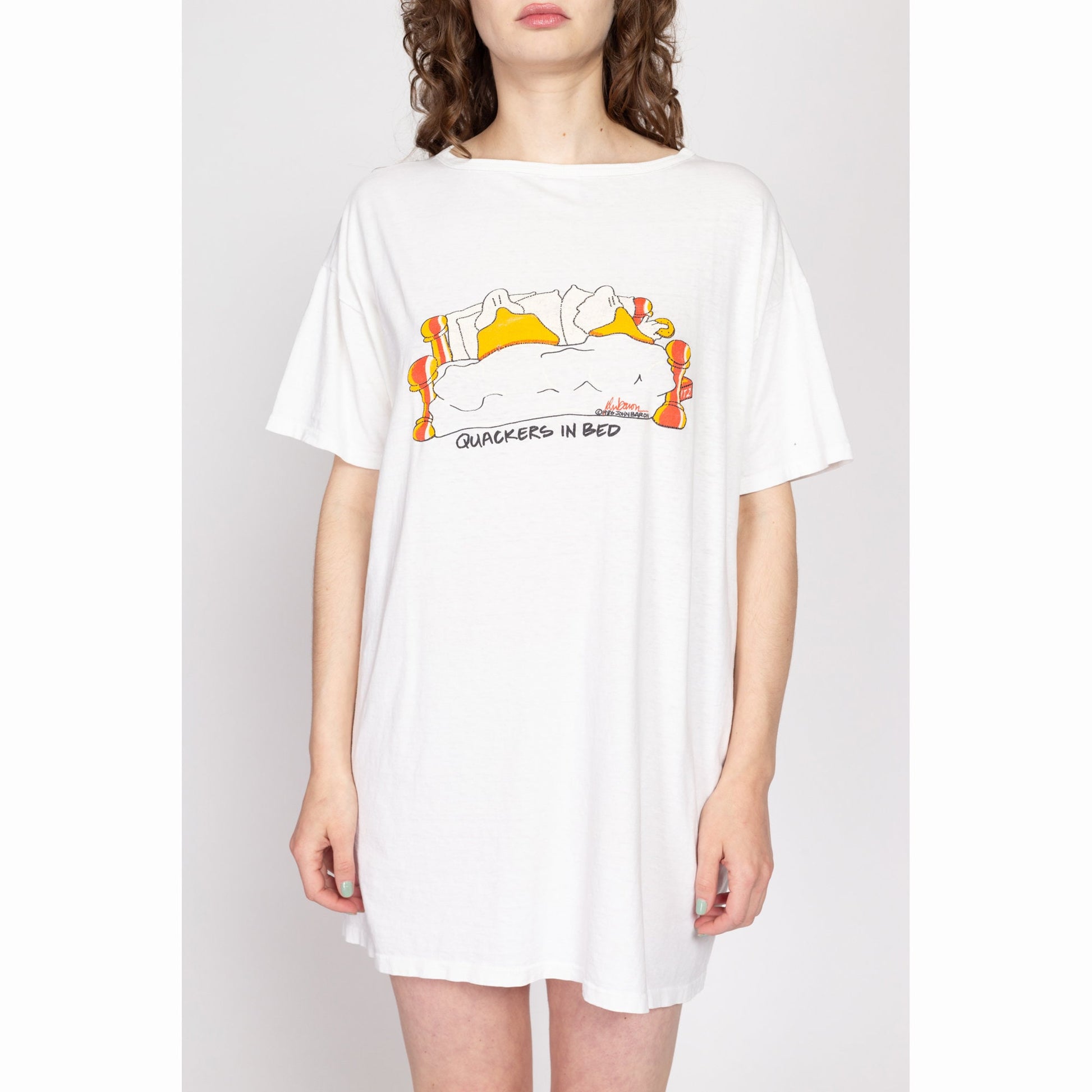 One Size 80s "Quackers In Bed" Duck Cartoon Pajama Mini Dress | Vintage John Baron White Sleep Shirt