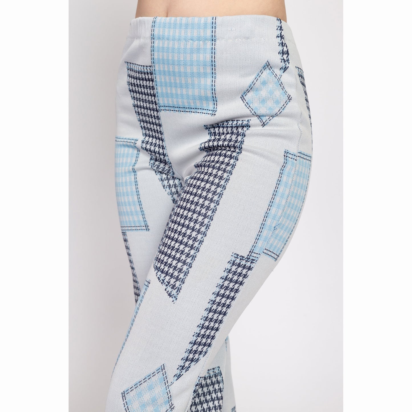 Sm-Med 70s Blue Patchwork Print Pants 26"-30" | Vintage High Waisted Retro Kick Flare Trousers