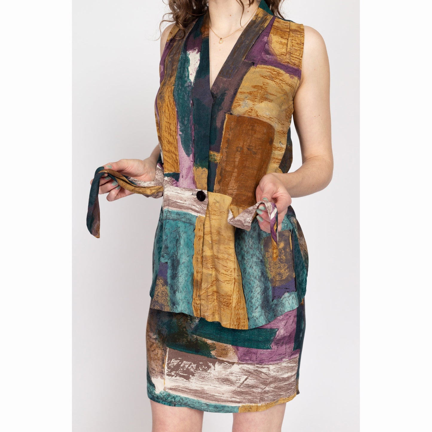 Medium 80s Earth Tone Abstract Print Top & Mini Skirt Set | Vintage Sleeveless Matching Two Piece Outfit