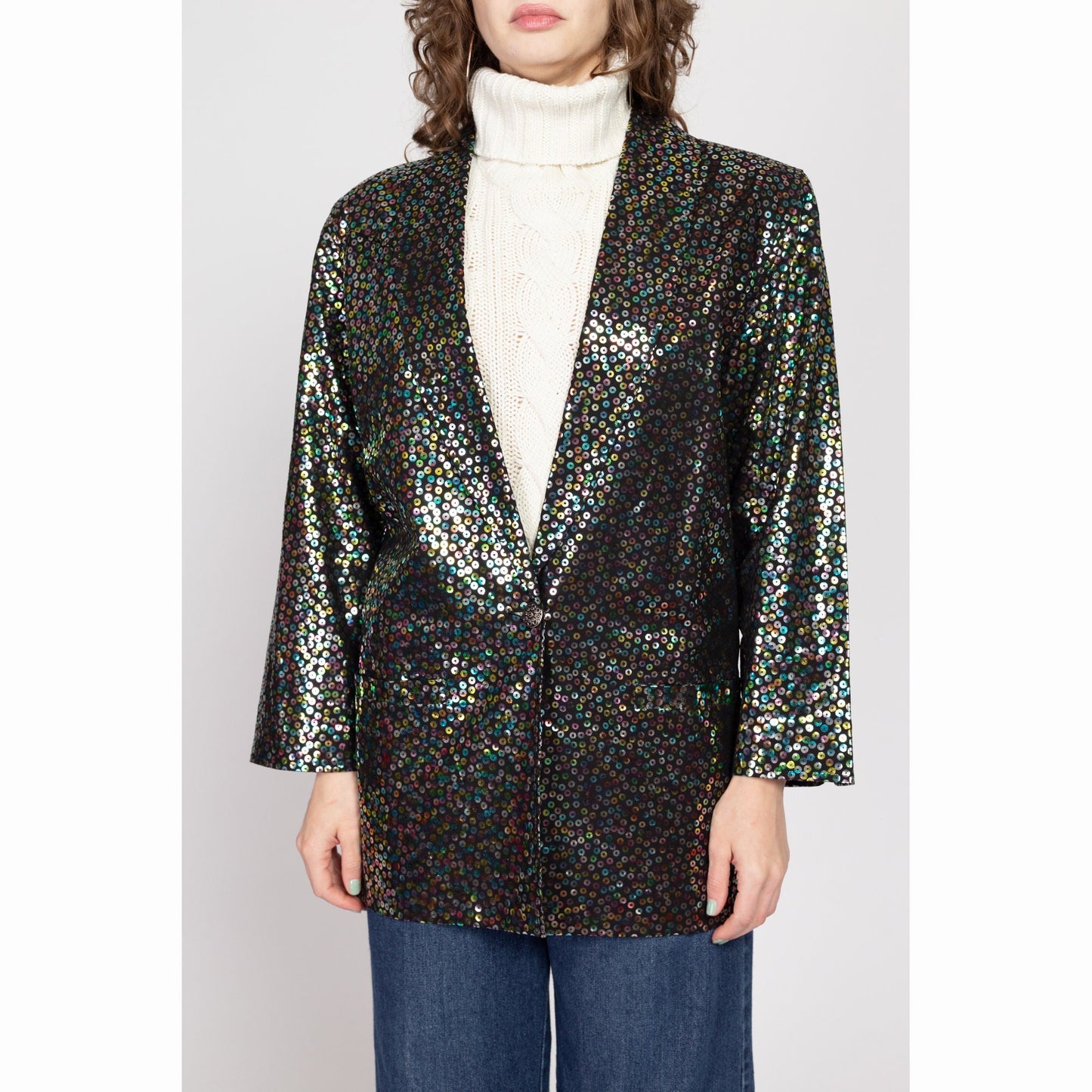 Medium 90s Fiorucci Black Sequin Embossed Blazer | Vintage Italian Designer Button Up Sport Coat Suit Jacket