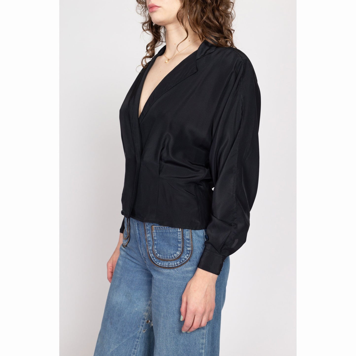 Small 80s Black V Neck Wrap Top | Vintage Fitted Waist Long Dolman Sleeve Secretary Blouse
