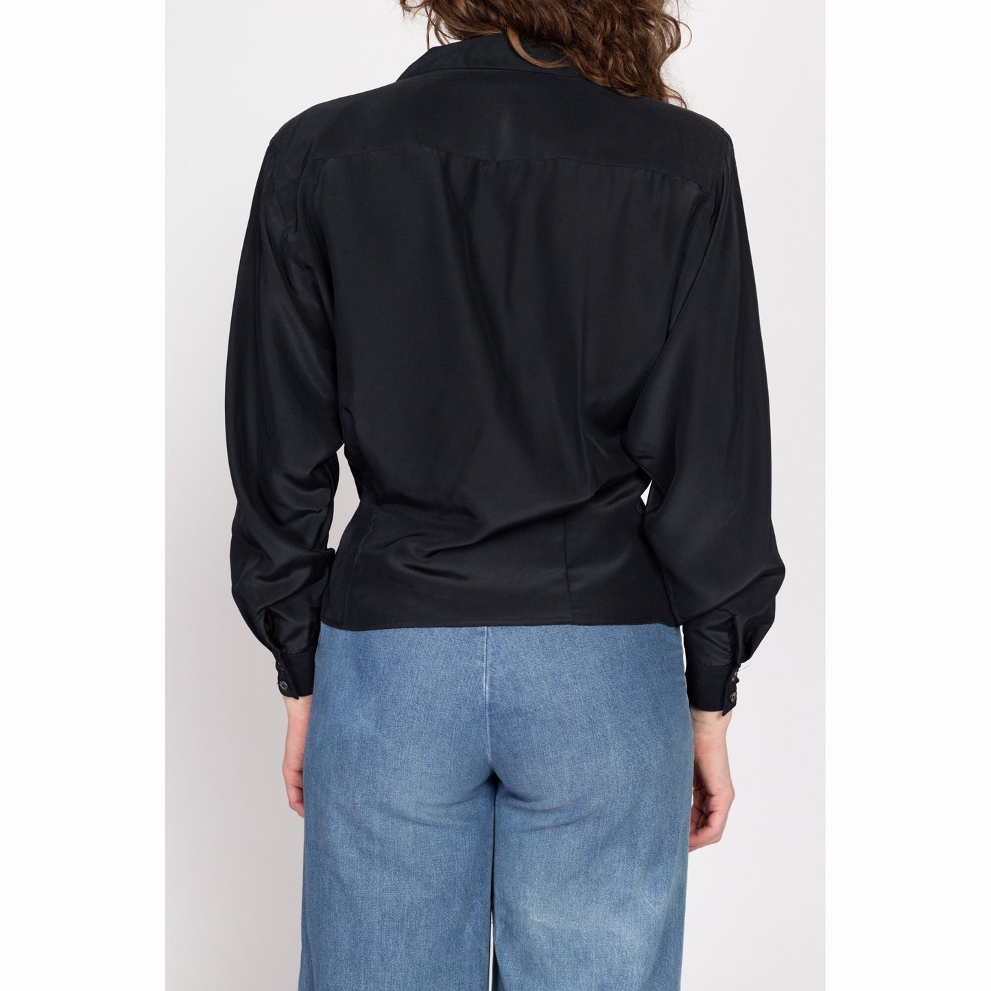 Small 80s Black V Neck Wrap Top | Vintage Fitted Waist Long Dolman Sleeve Secretary Blouse