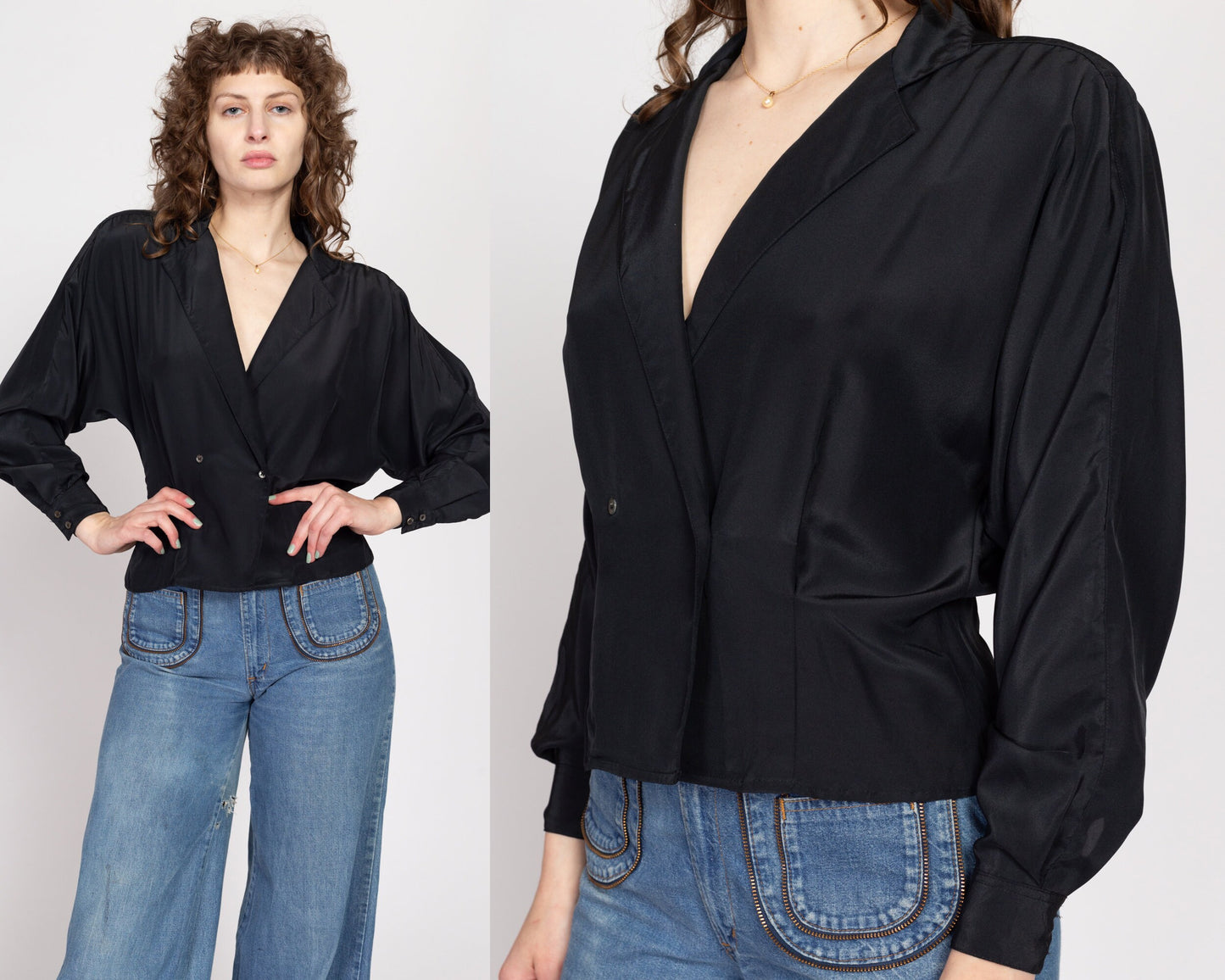 Small 80s Black V Neck Wrap Top | Vintage Fitted Waist Long Dolman Sleeve Secretary Blouse