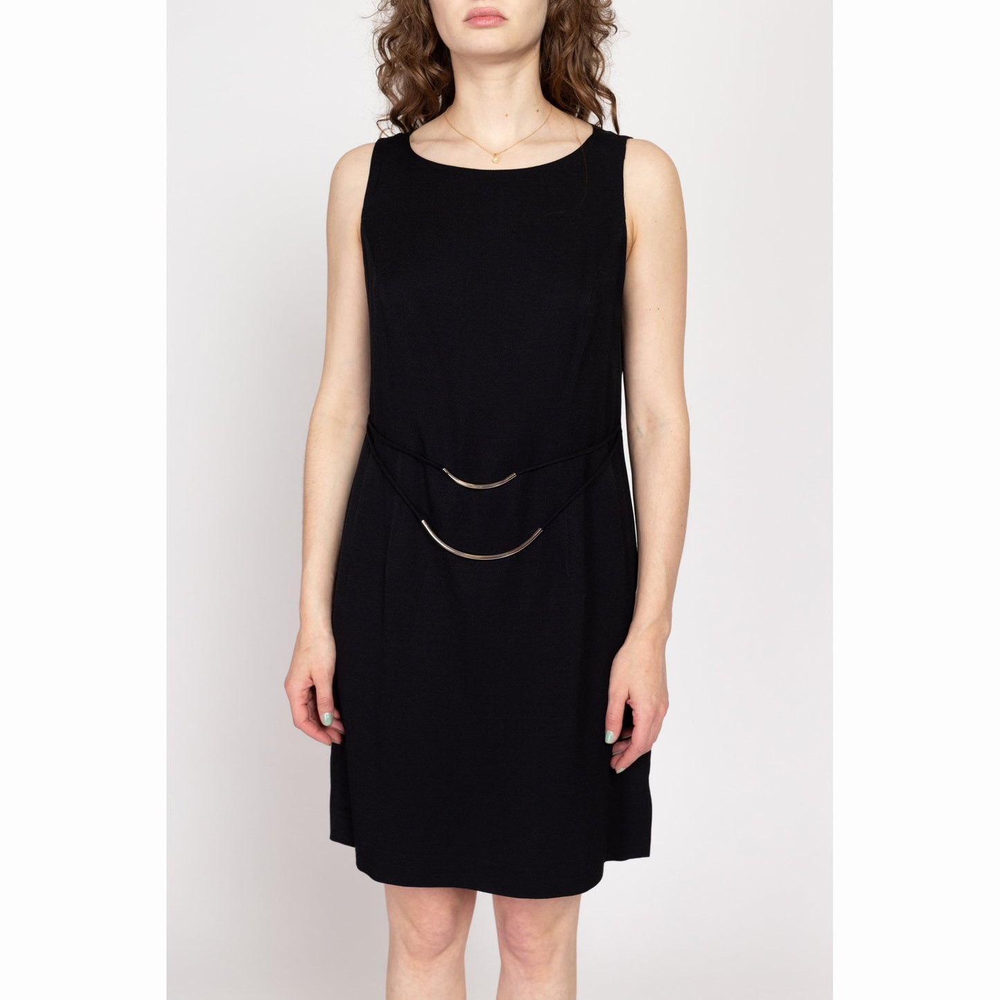 Large 90s Black Draped Belt Mini Dress | Vintage Minimalist Sleeveless Tank Dress