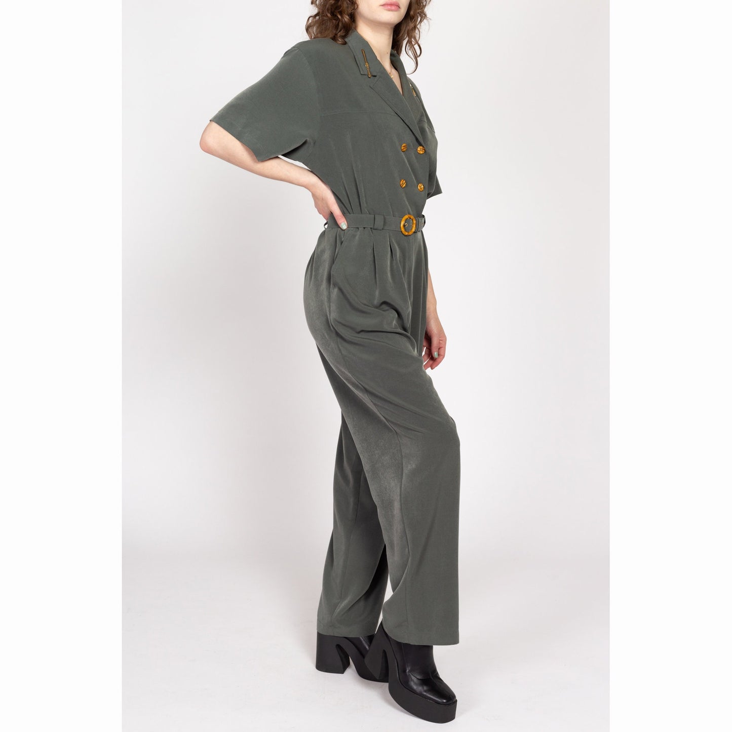 Large 90s Olive Green Double Breasted Jumpsuit | Vintage Belted Button Up Short Sleeve Collared Pantsuit
