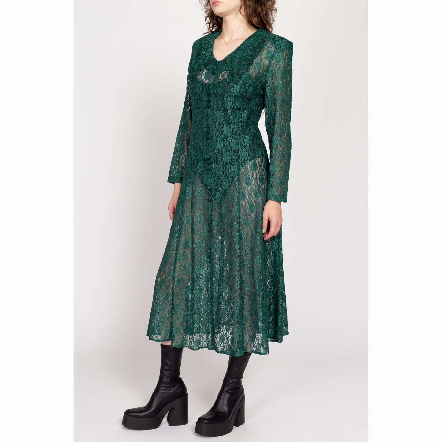 Med-Lrg 80s Sheer Green Lace Long Sleeve Midi Dress | Vintage Collared Grunge Dress