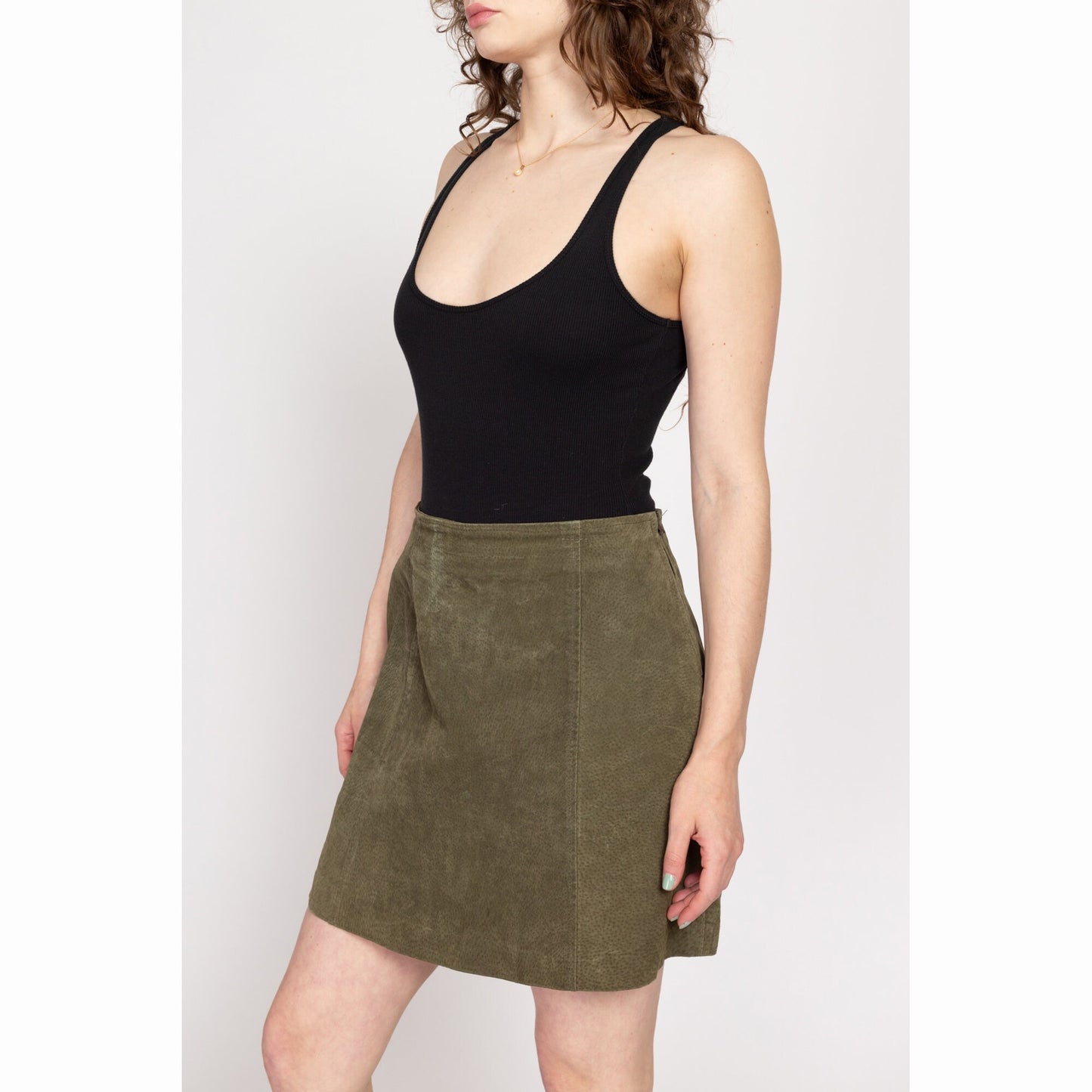 Medium 90s Olive Green Suede Mini Skirt 29" | Vintage High Waisted A Line Skirt