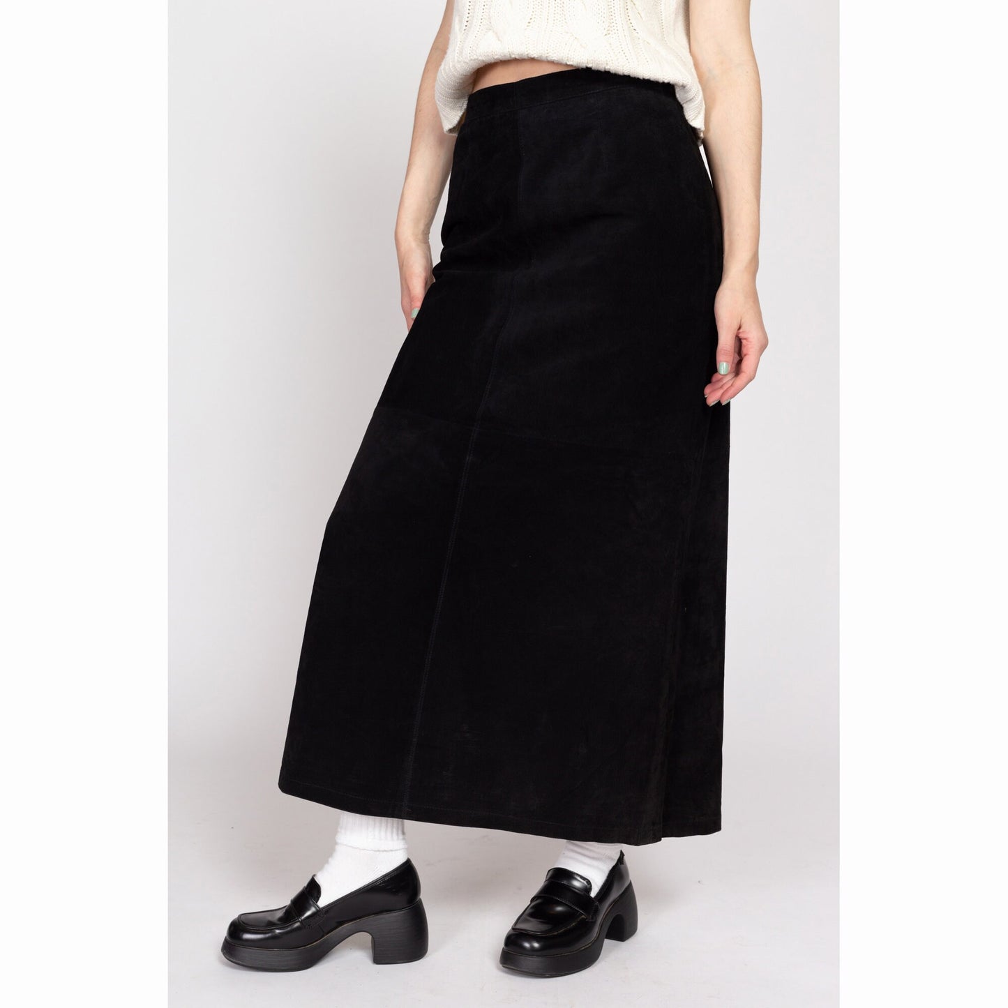 Medium 90s Black Suede Maxi Skirt 28.5" | Vintage Boho A Line Leather High Waisted Skirt
