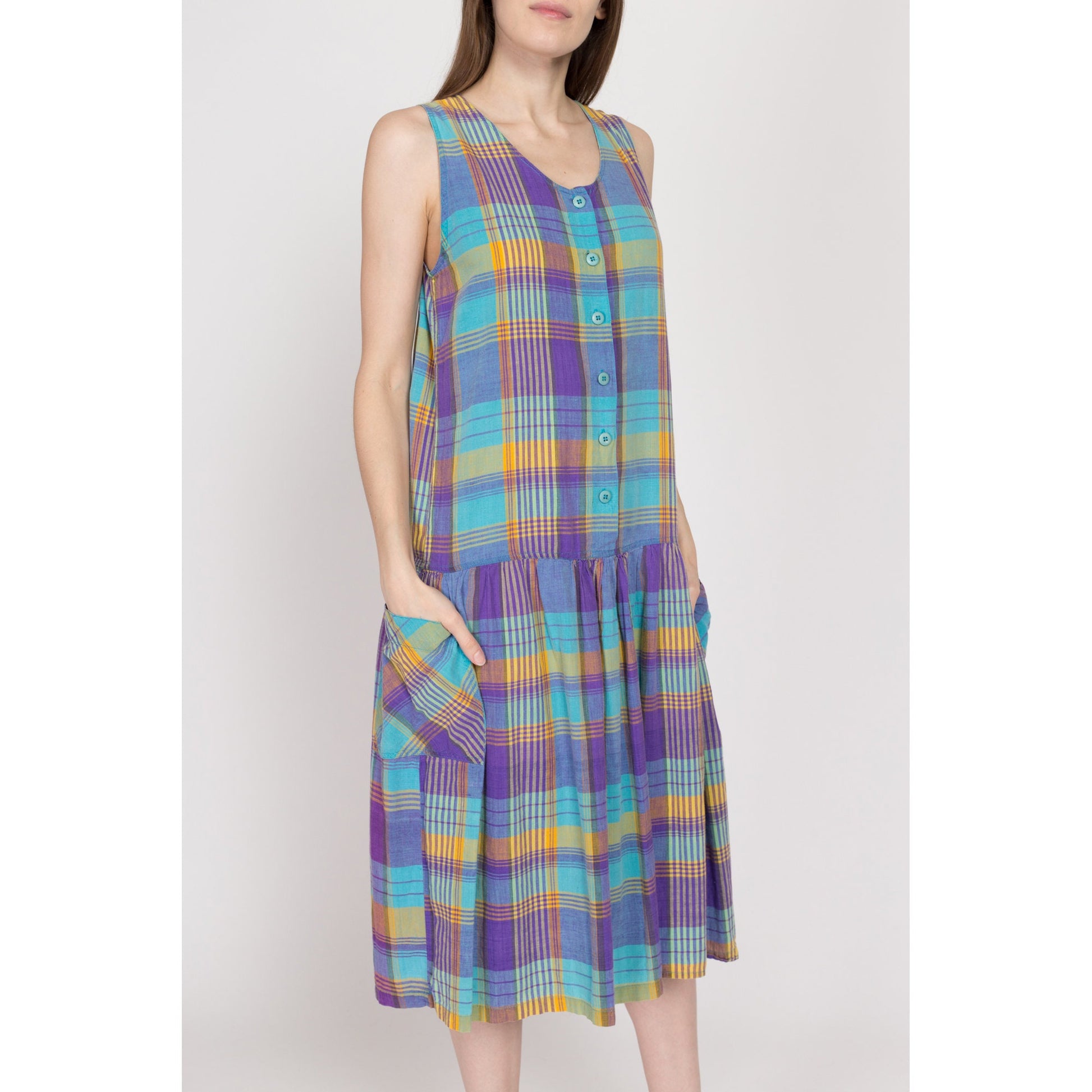 Medium 90s Grunge Madras Plaid Cotton Pinafore Dress | Vintage Blue Purple Oversize Midi Pocket Jumper Dress
