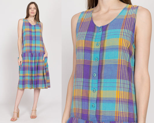 Medium 90s Grunge Madras Plaid Cotton Pinafore Dress | Vintage Blue Purple Oversize Midi Pocket Jumper Dress