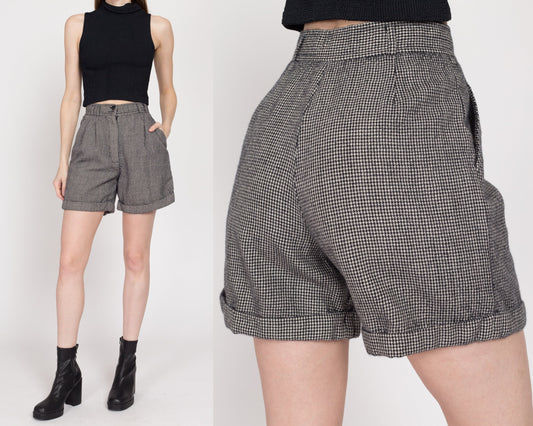 XS 80s Houndstooth Worsted Wool Trouser Shorts 25" | Vintage High Waisted Pleated Cuffed Long Shorts
