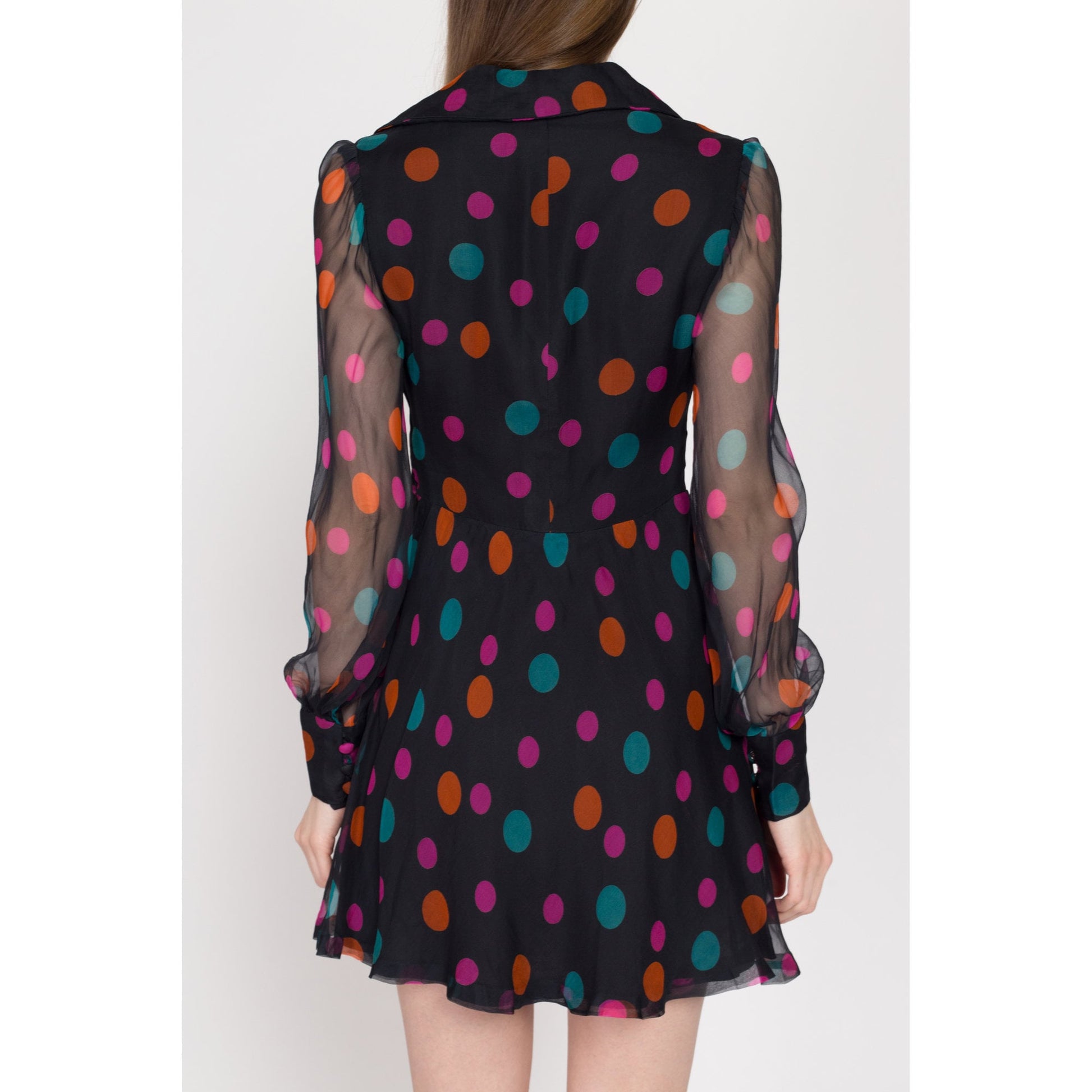 Small 60s Black Polka Dot Chiffon Sheer Sleeve Party Dress | Retro Vintage Fit & Flare Notched Collar Mini Dress