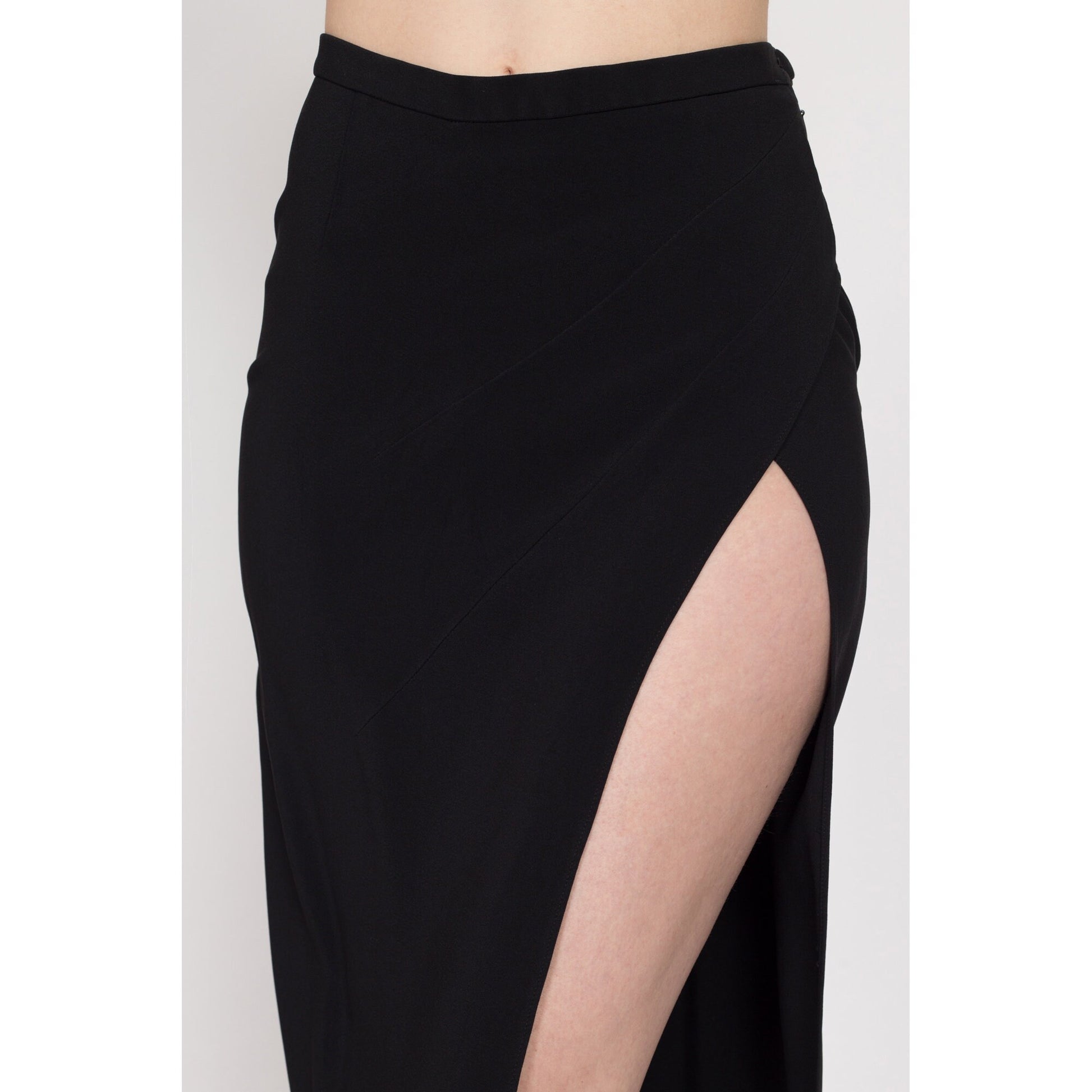 XS 90s Moschino Couture Black High Thigh Slit Maxi Skirt 25.5" | Vintage Designer High Waisted Sexy Fitted Pencil Skirt