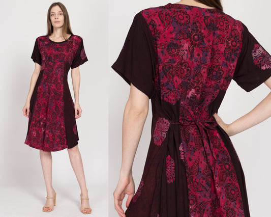 Medium 90s Boho Red & Brown Batik Print Midi Sundress | Vintage A Line Scoop Neck Short Sleeve Tie Back Dress