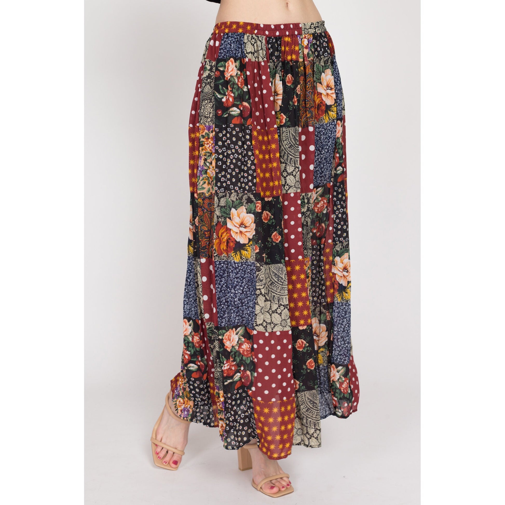 Large 90s Boho Floral Patchwork Maxi Skirt | Vintage Sheer Elastic Waist Flowy Hippie Skirt