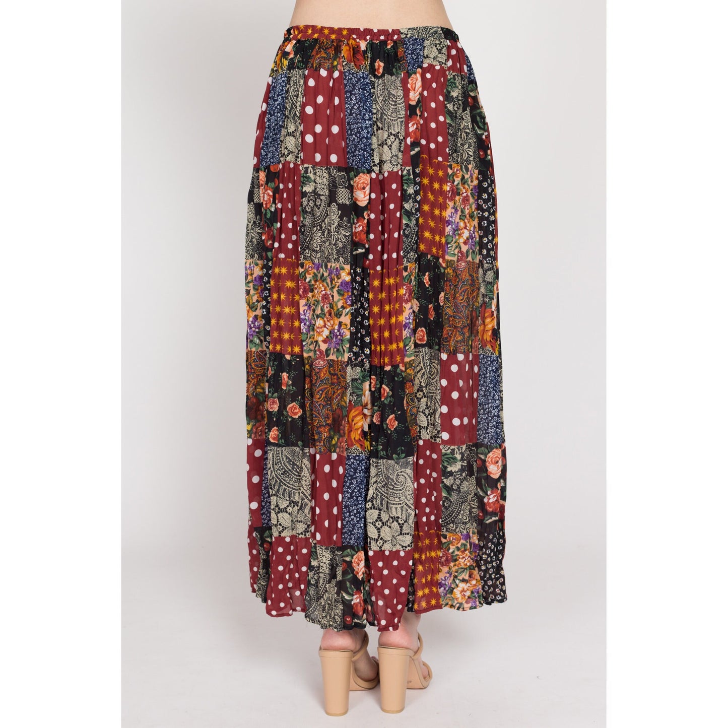 Large 90s Boho Floral Patchwork Maxi Skirt | Vintage Sheer Elastic Waist Flowy Hippie Skirt
