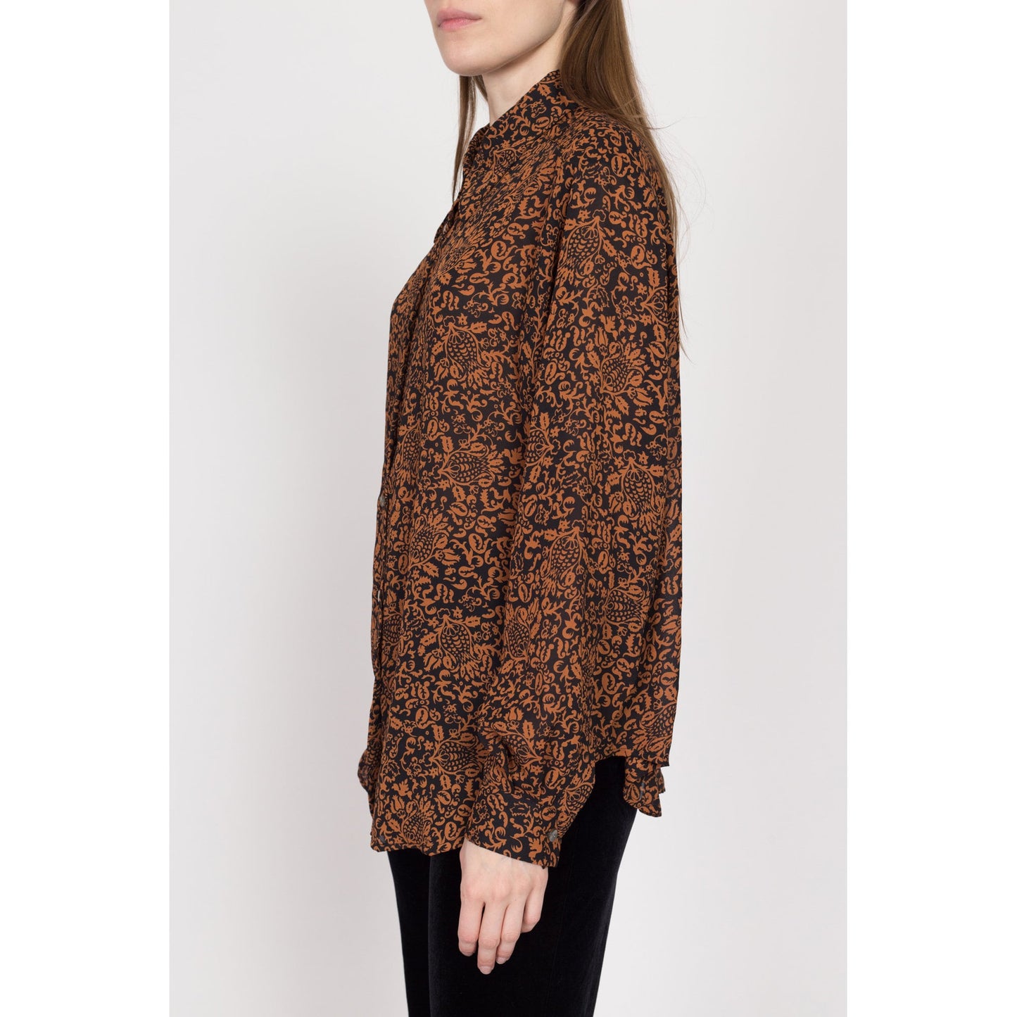 Large 80s Baroque Black & Orange Floral Blouse | Vintage Long Sleeve Button Up Oversize Secretary Top