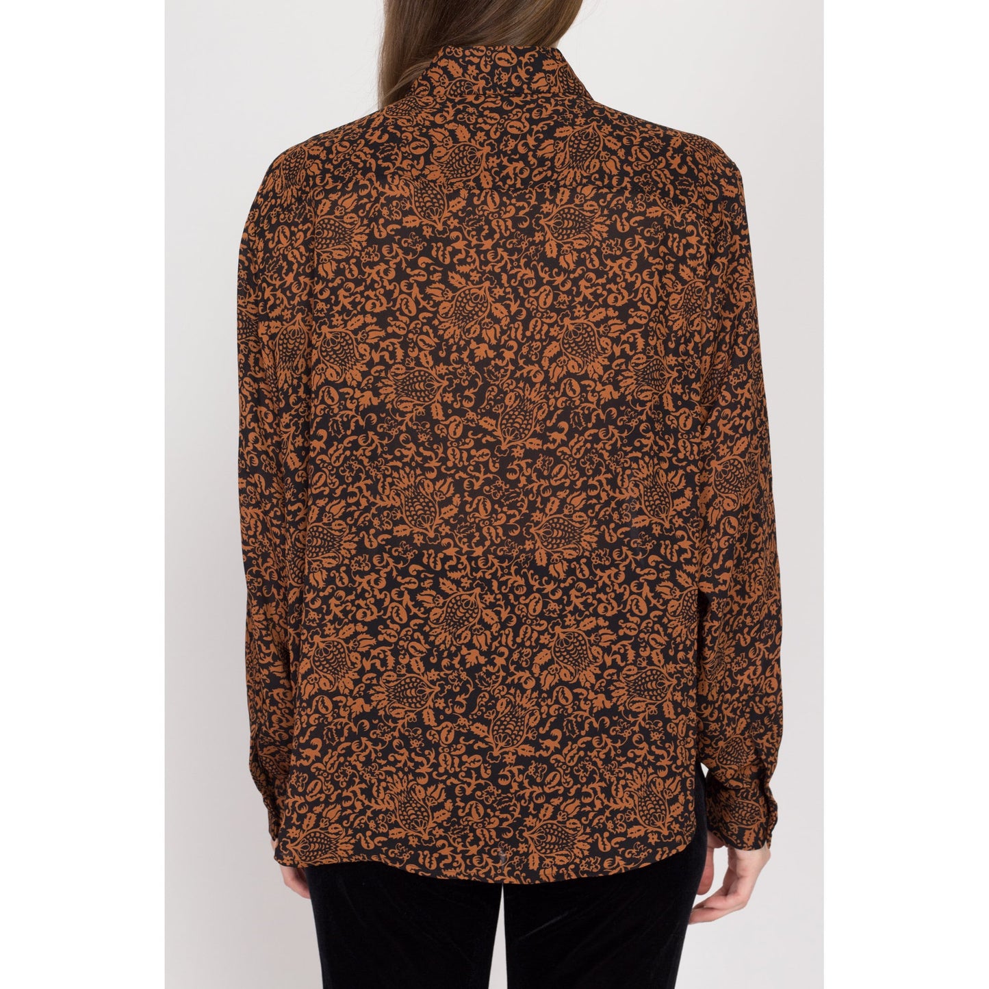 Large 80s Baroque Black & Orange Floral Blouse | Vintage Long Sleeve Button Up Oversize Secretary Top