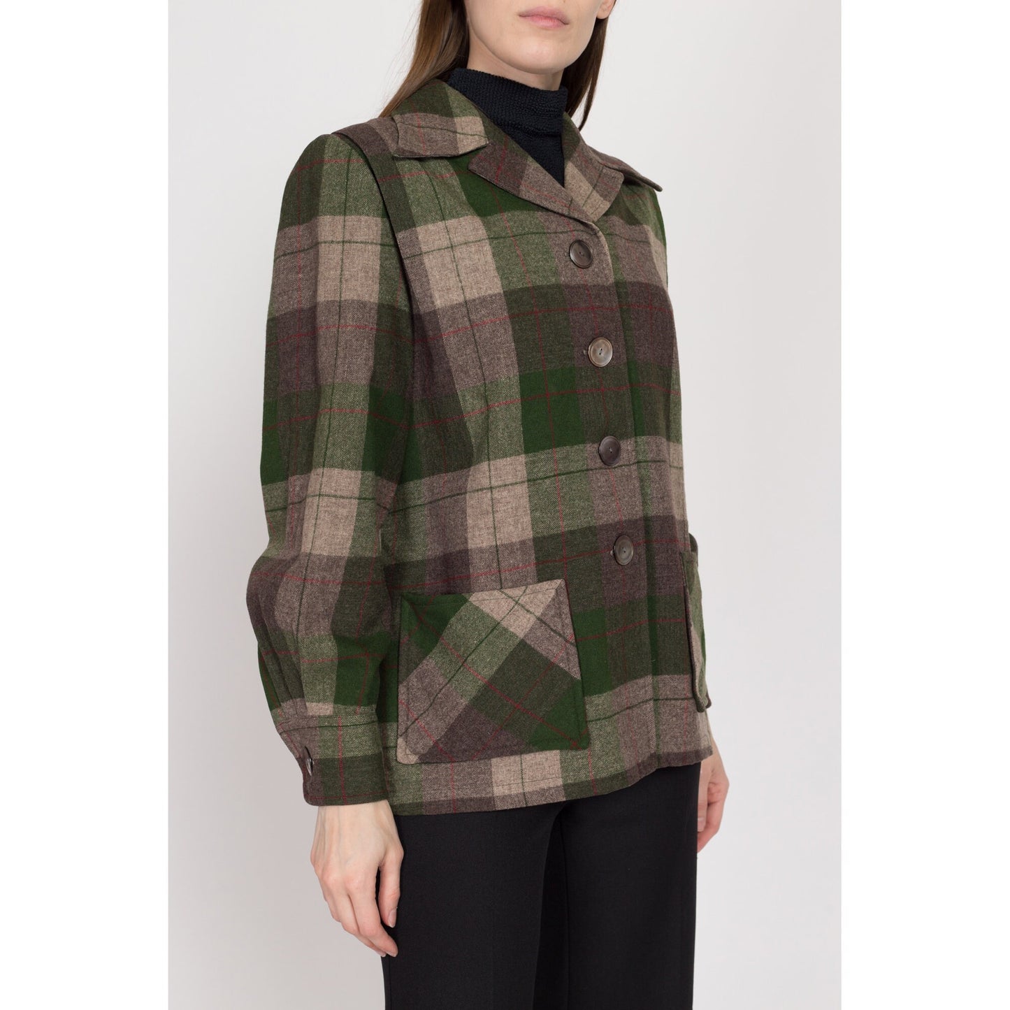 Medium 1950s Pendleton 49er Green Plaid Wool Jacket | Vintage 50s Rockabilly Button Up Pocket Overshirt