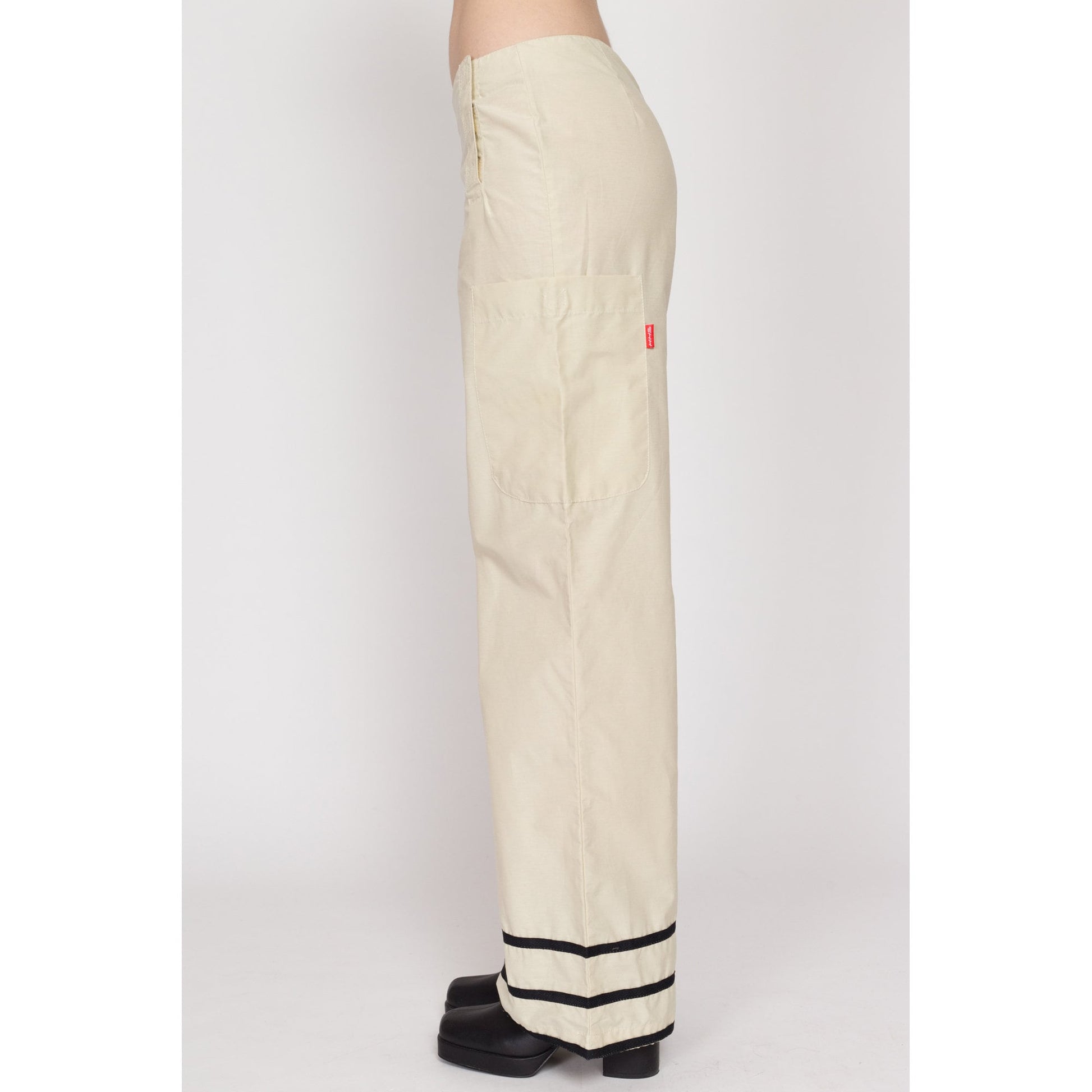 XS Y2K Mid Rise Striped Trim Cargo Pants | Vintage Wide Leg Velcro Parachute Pants