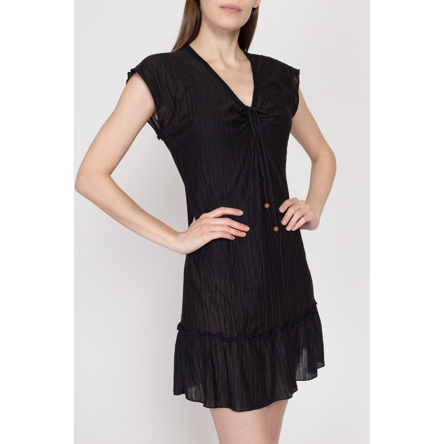 Small 90s Sheer Black Mini Sundress | Vintage Grunge Short Sleeve Boho Beach Cover Up Dress