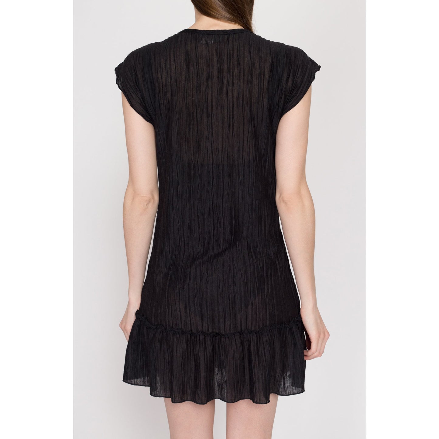 Small 90s Sheer Black Mini Sundress | Vintage Grunge Short Sleeve Boho Beach Cover Up Dress