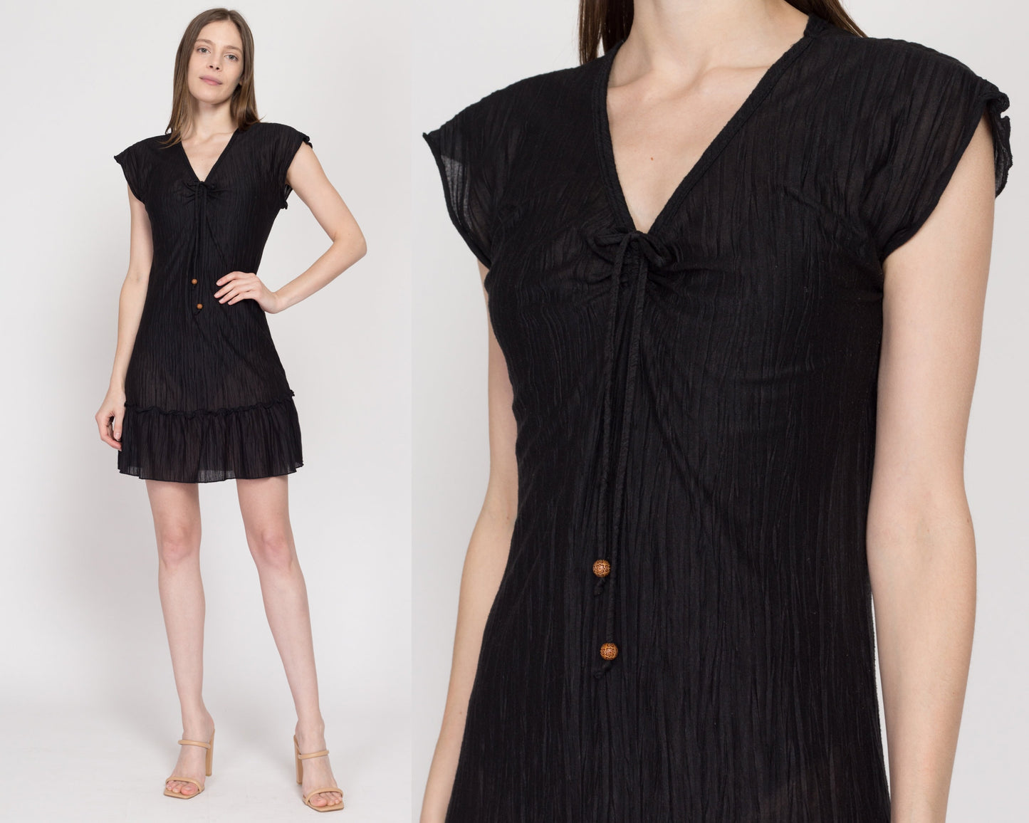 Small 90s Sheer Black Mini Sundress | Vintage Grunge Short Sleeve Boho Beach Cover Up Dress