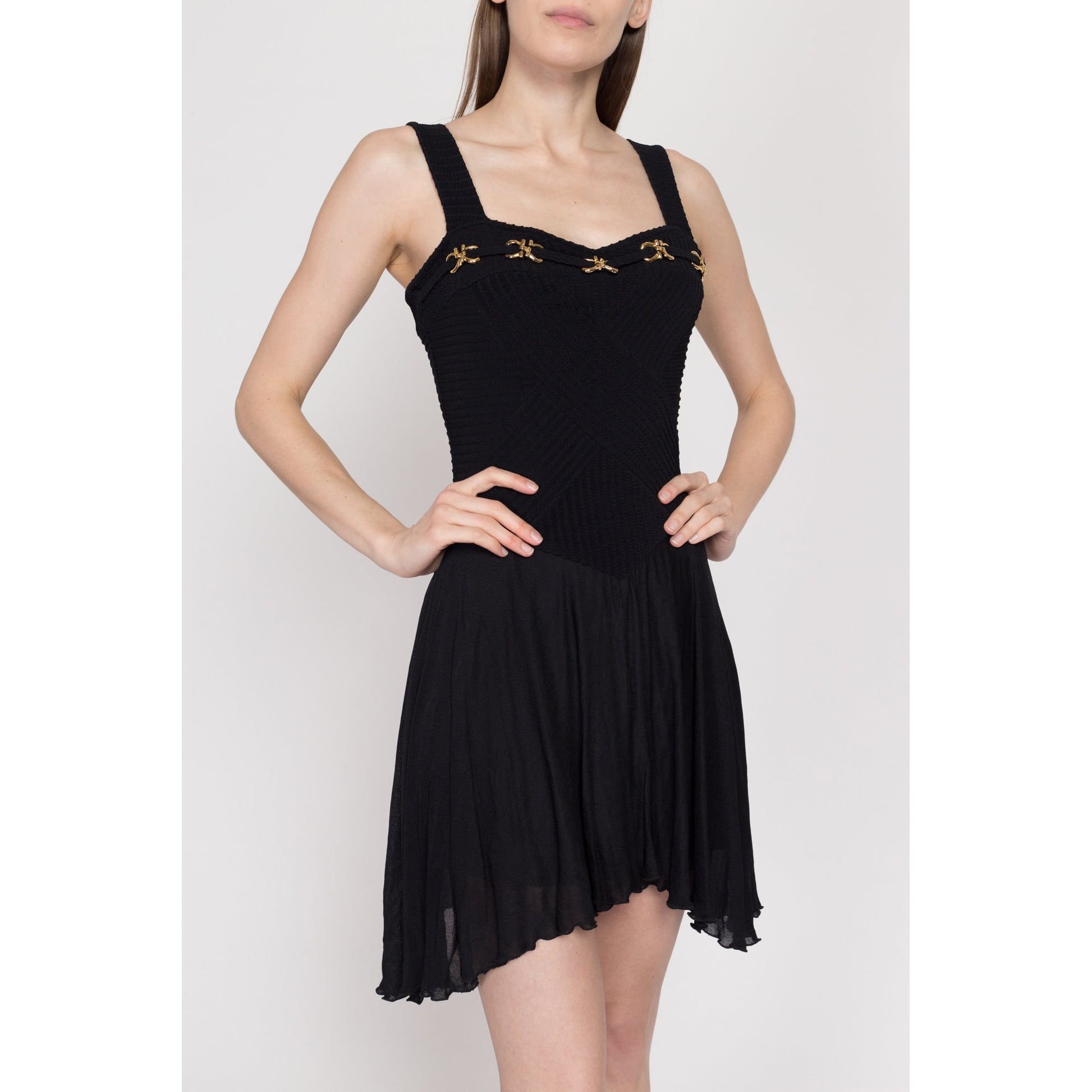 Small 90s Black Gold Chain Mini Party Dress | Vintage Pati-Pat Paris Fit & Flare High Low Hem Dress