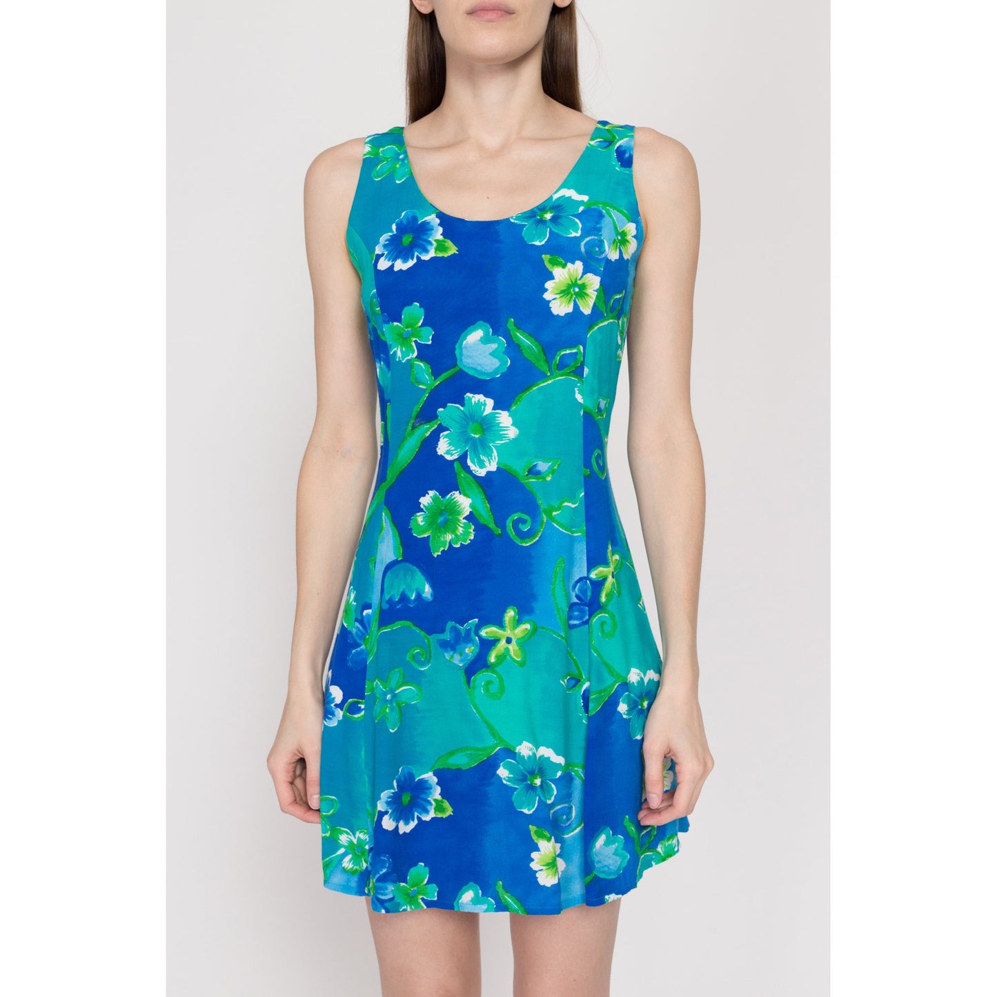 XS 90s Blue & Green Tropical Floral Mini Sundress | Vintage Big Hed Boho Tie Back Sleeveless Summer Tank Dress