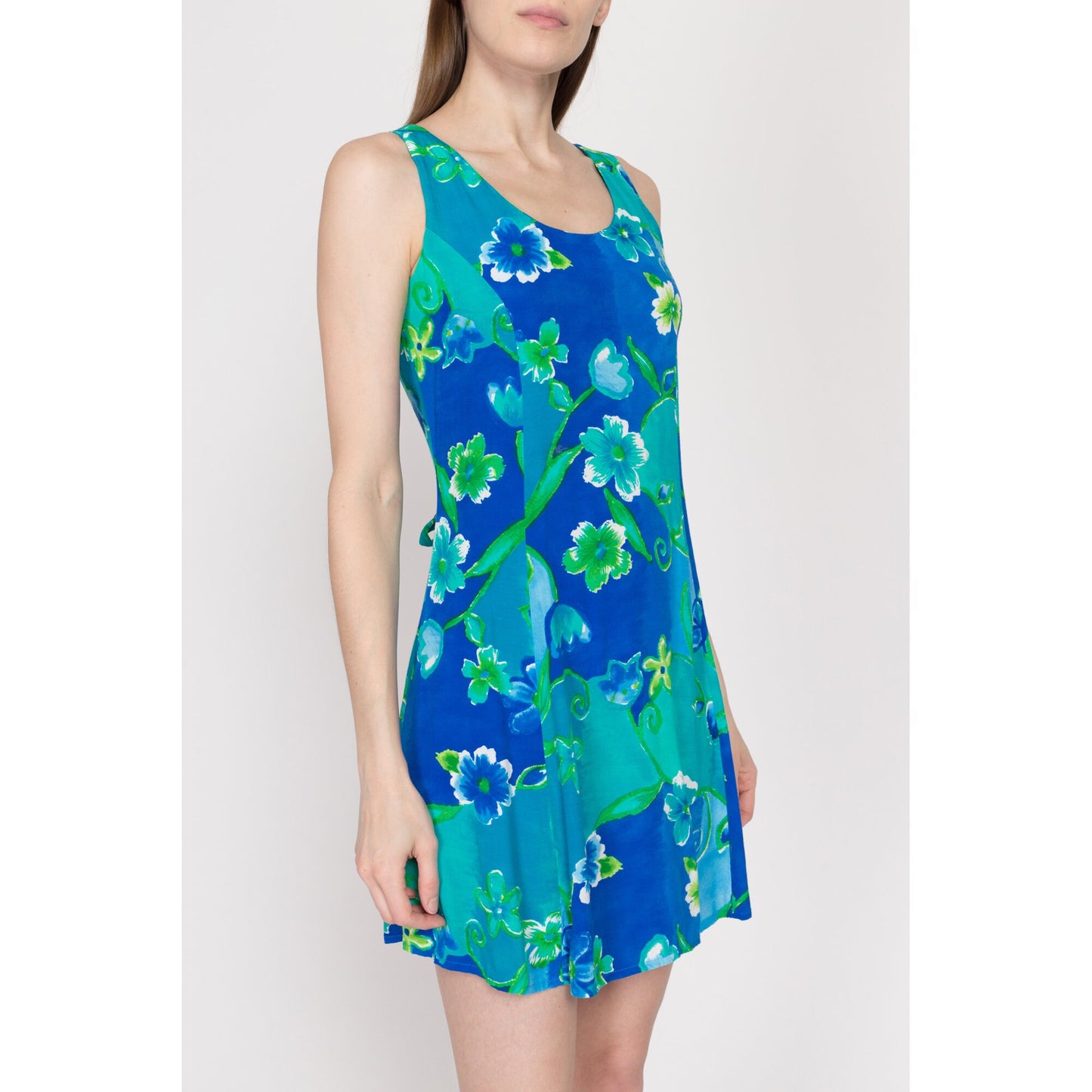 XS 90s Blue & Green Tropical Floral Mini Sundress | Vintage Big Hed Boho Tie Back Sleeveless Summer Tank Dress