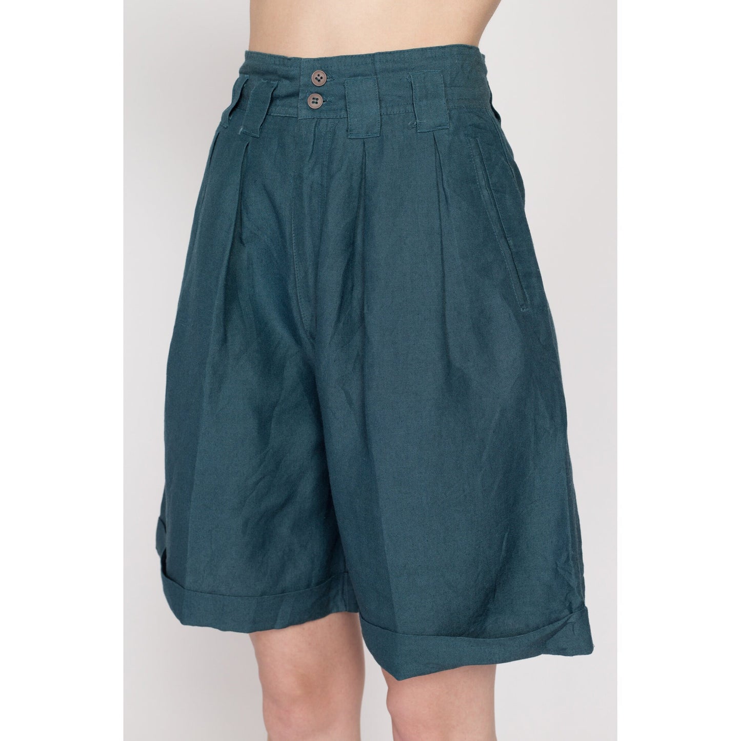 XS 80s Dark Teal Pleated Wide Leg Shorts 25" | Vintage High Waisted Cuffed Culotte Shorts