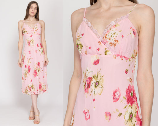 Small 90s Pink Floral Midi Slip Dress | Vintage Spaghetti Strap Lace Trim Lettuce Hem Party Dress
