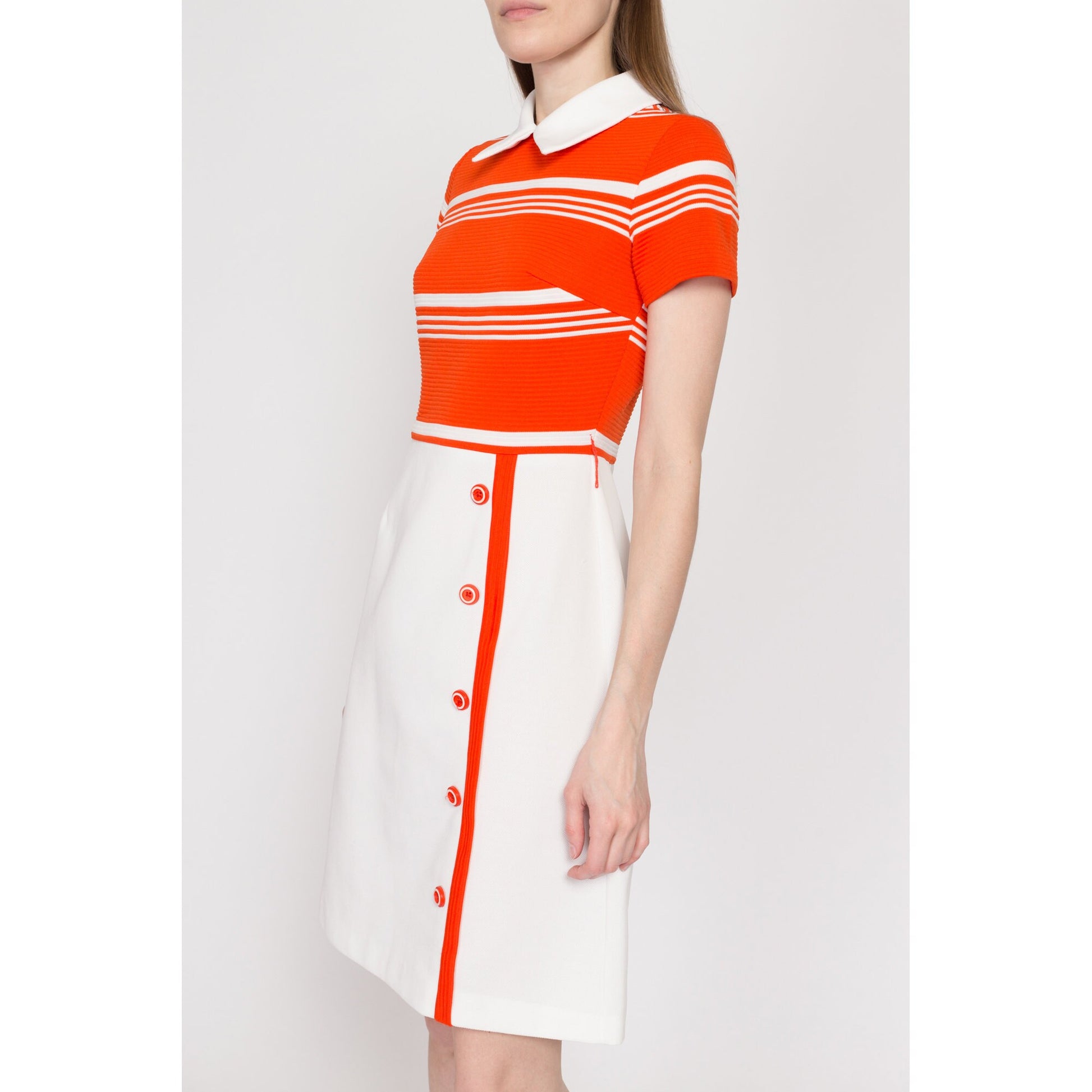 Small 60s Mod Orange & White Striped Mini Dress | Vintage Two Tone Short Sleeve Retro Collared Dress