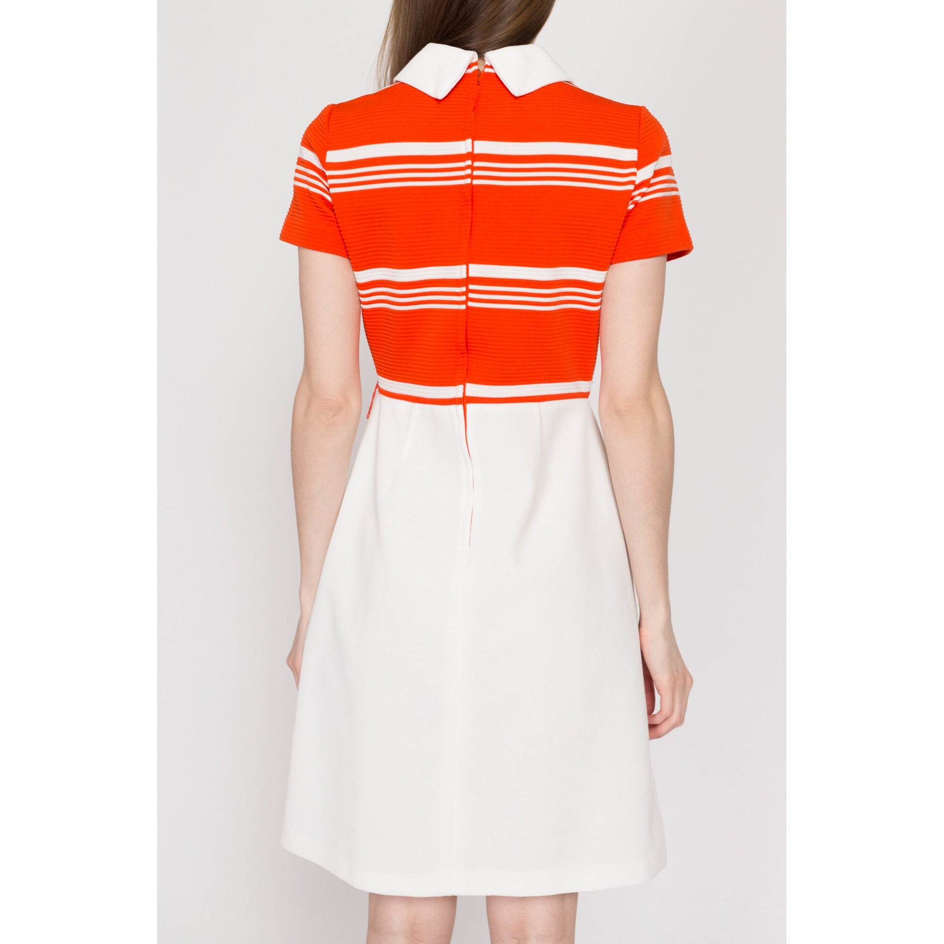 Small 60s Mod Orange & White Striped Mini Dress | Vintage Two Tone Short Sleeve Retro Collared Dress