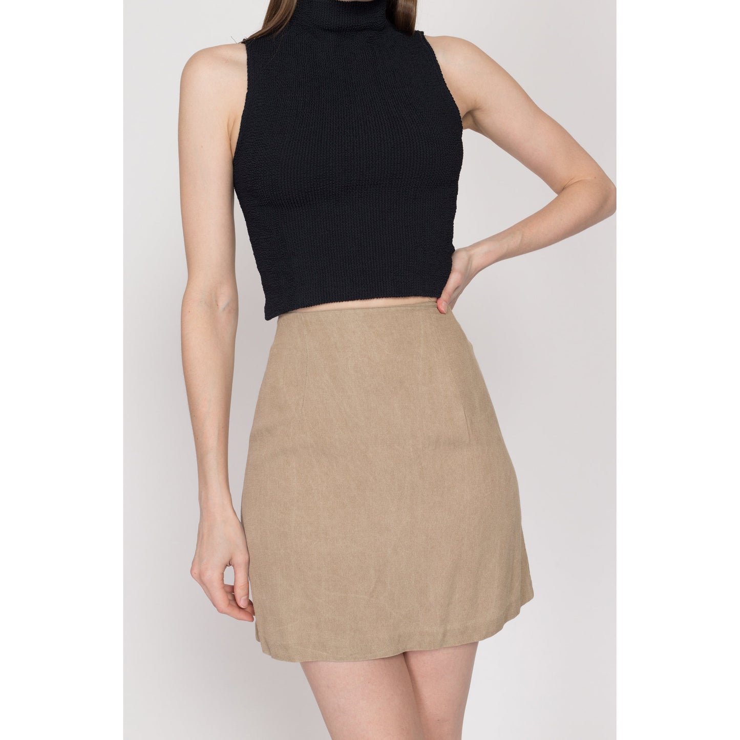 Small 90s Minimalist Tan Mini Skirt 26" | Vintage Plain High Waisted A Line Skirt