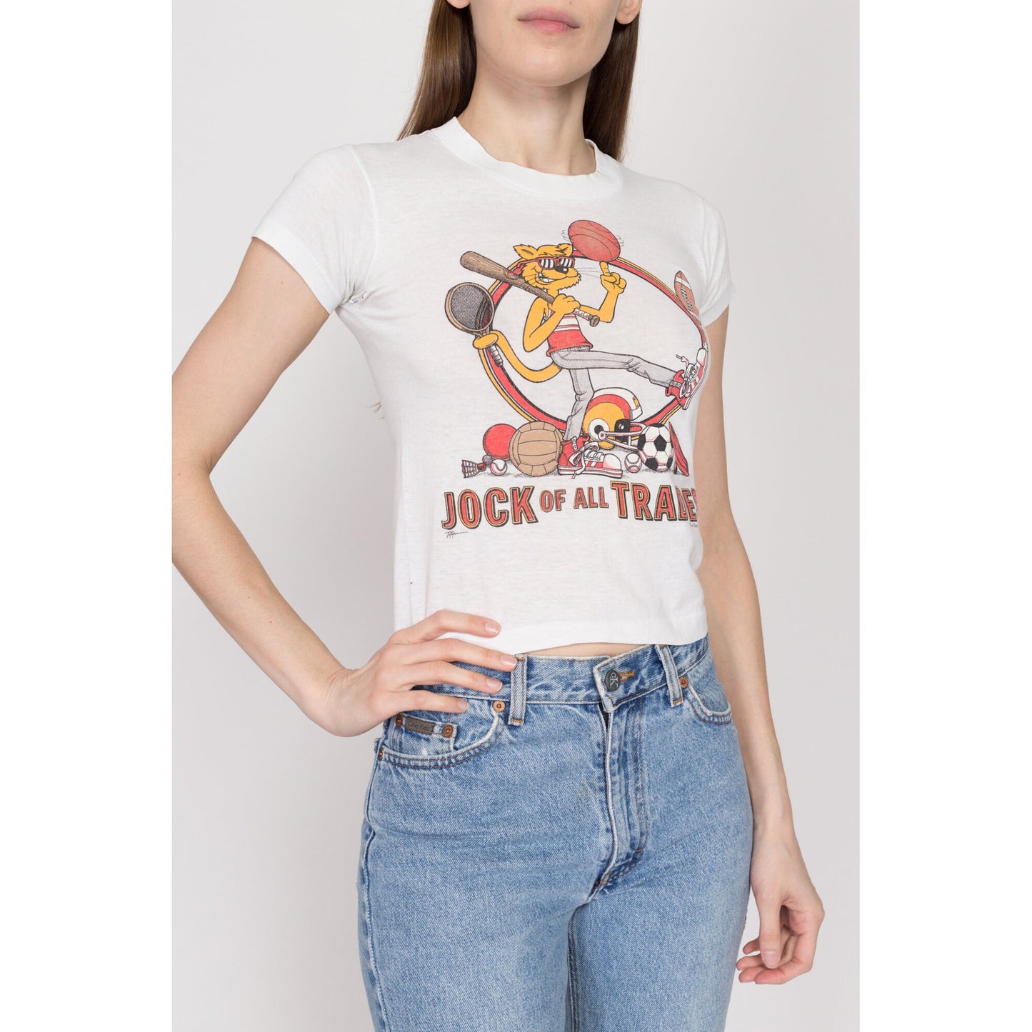 XXS-XS 80s "Jock Of All Trades" Cropped T Shirt | Vintage White Cartoon Cat Graphic Crop Top Tee
