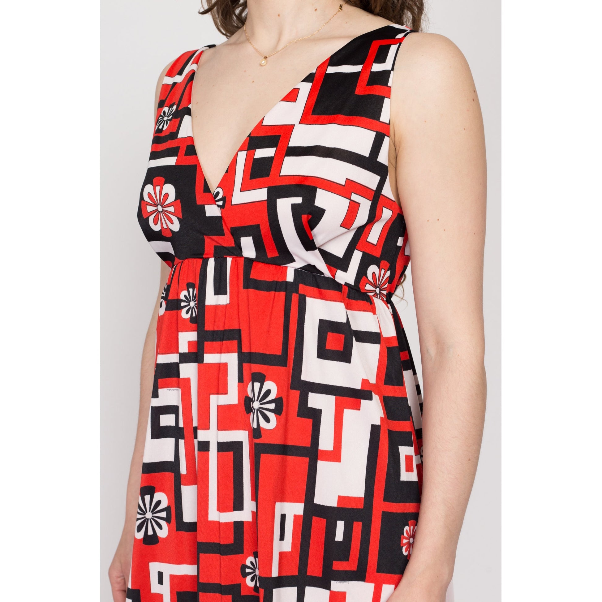 Medium 70s Red Geometric Print Loungewear Maxi Slip Dress | Vintage V Neck Empire Waist Boho Nightgown