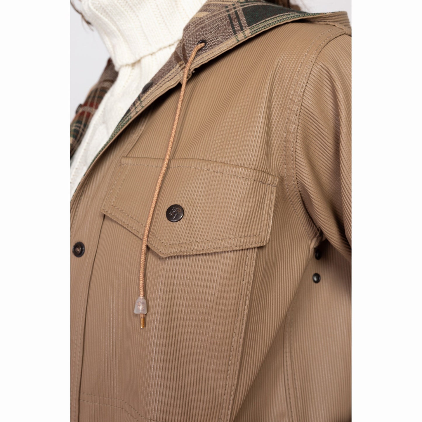 Medium 70s Tan & Plaid Reversible Raincoat | Retro Vintage Ribbed Vinyl Snap Up Mid Length Jacket