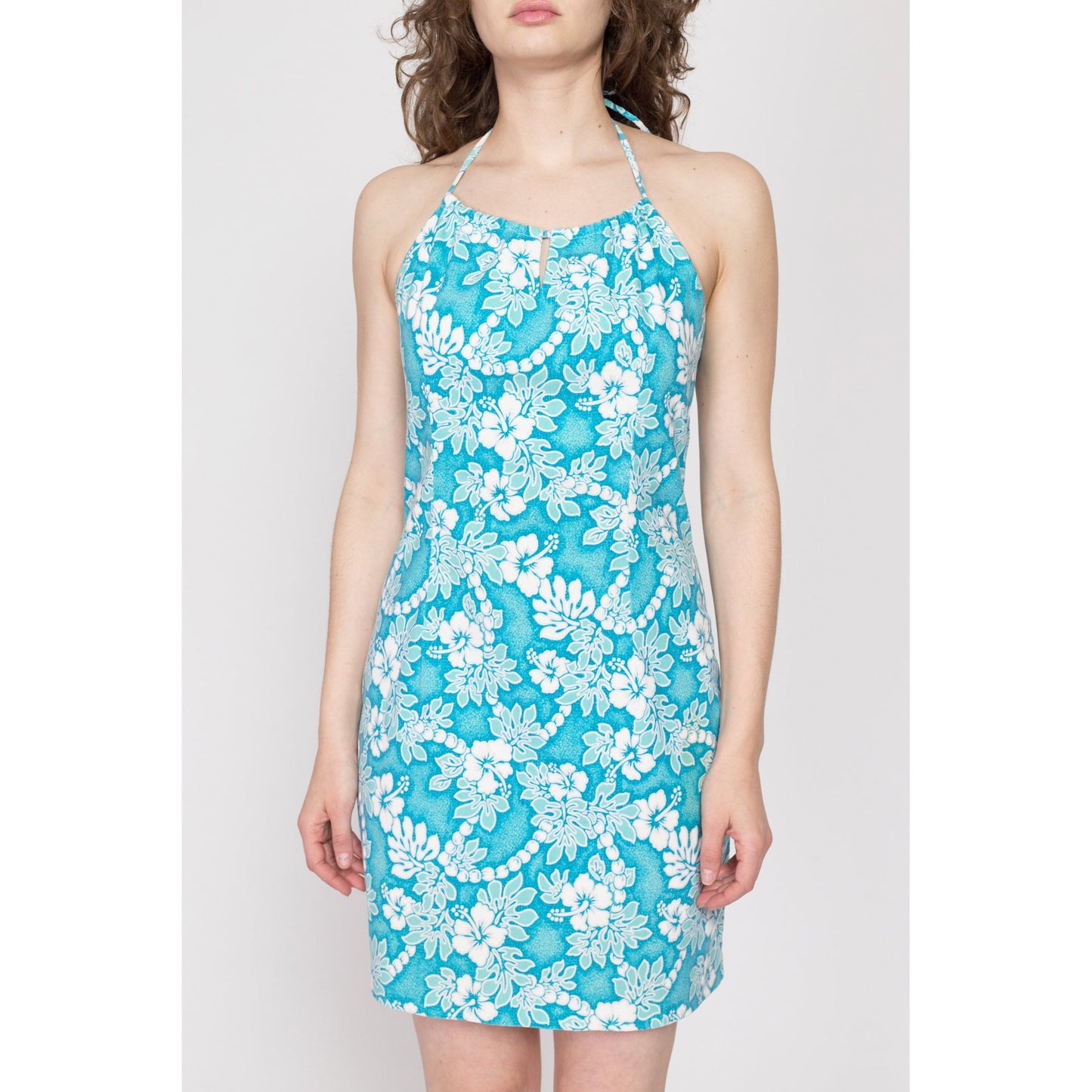 Large 90s Blue & White Floral Halter Mini Dress | Vintage Sleeveless Boho Keyhole Sundress