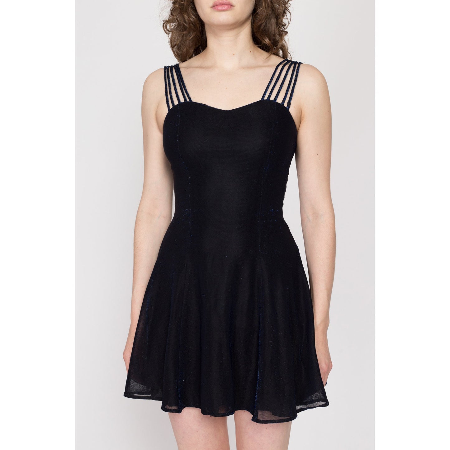 XS 90s Midnight Blue Metallic Strappy Party Dress | Vintage All That Jazz Sparkle Mini Dress