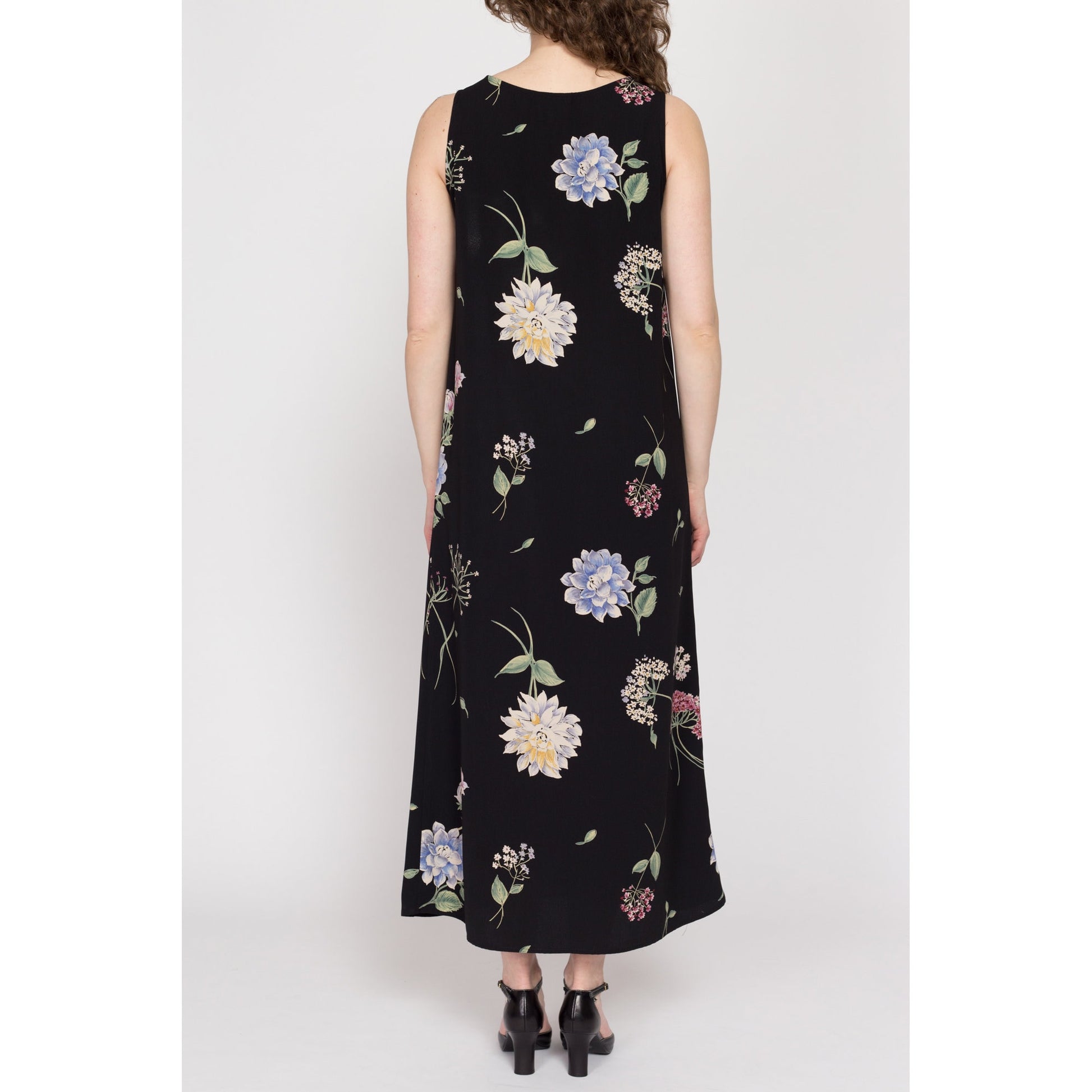 Medium 90s Black Floral Maxi Tank Dress | Vintage Sleeveless Long Grunge Sundress