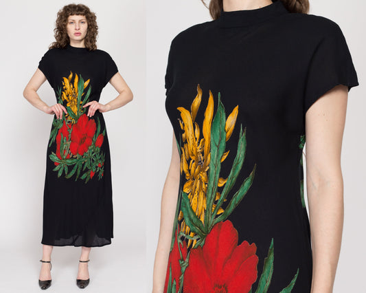 Large 90s Black Floral Cap Sleeve Maxi Dress | Vintage Maximalist Long Rayon Grunge Sundress