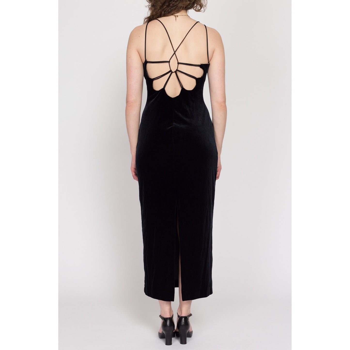 Medium 90s Black Velvet Strappy Open Back Maxi Dress | Vintage Roberta Backless Sexy Fitted Bodycon Party Gown