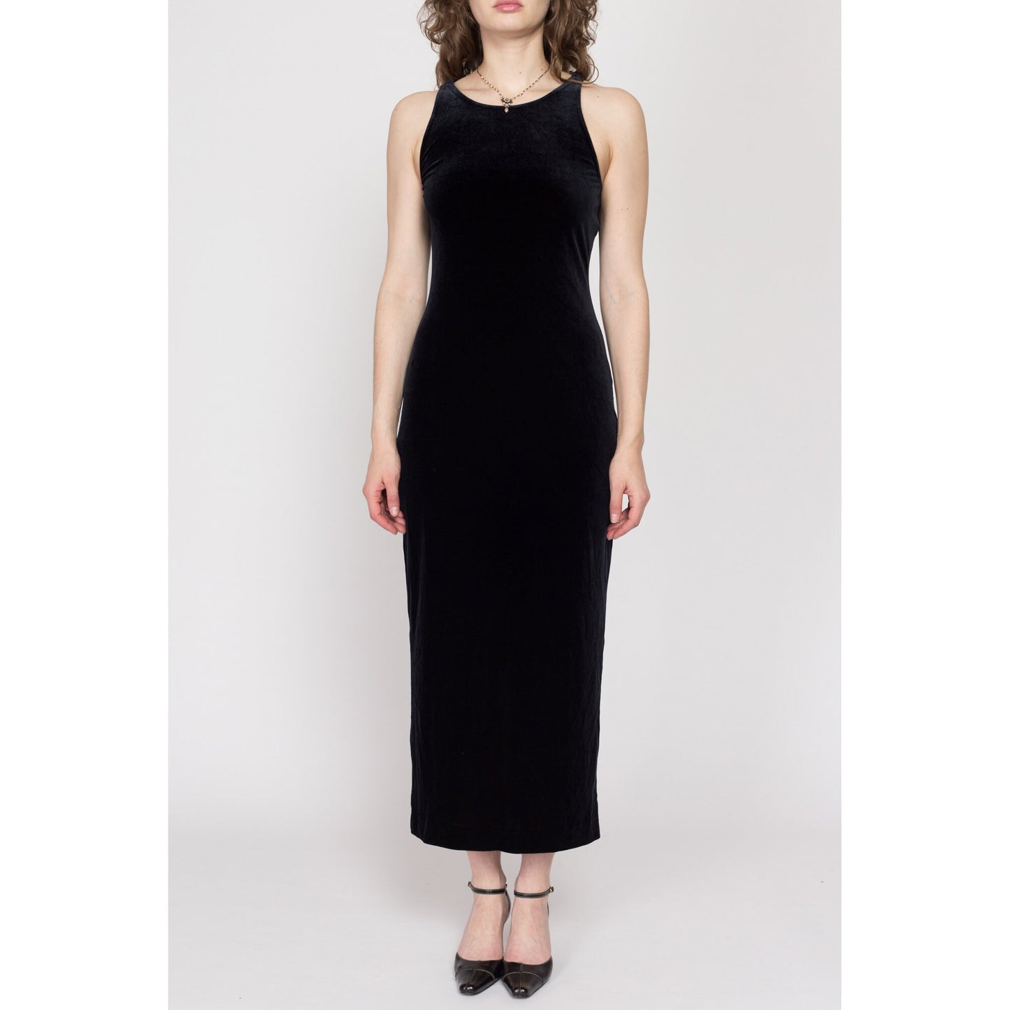 Medium 90s Black Velvet Strappy Open Back Maxi Dress | Vintage Roberta Backless Sexy Fitted Bodycon Party Gown