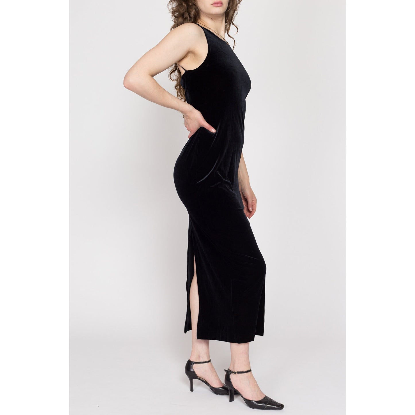 Medium 90s Black Velvet Strappy Open Back Maxi Dress | Vintage Roberta Backless Sexy Fitted Bodycon Party Gown