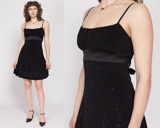 Small 90s Black Floral Sparkle Mini Party Dress | Vintage Spaghetti Strap Satin Trim A Line Flowy Dress