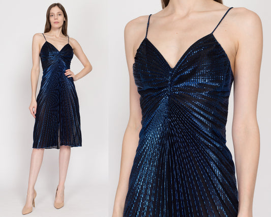XS 70s Metallic Blue Fan Pleat Party Dress | Vintage Boho Accordion Pleated Sheer Midi Disco Dress